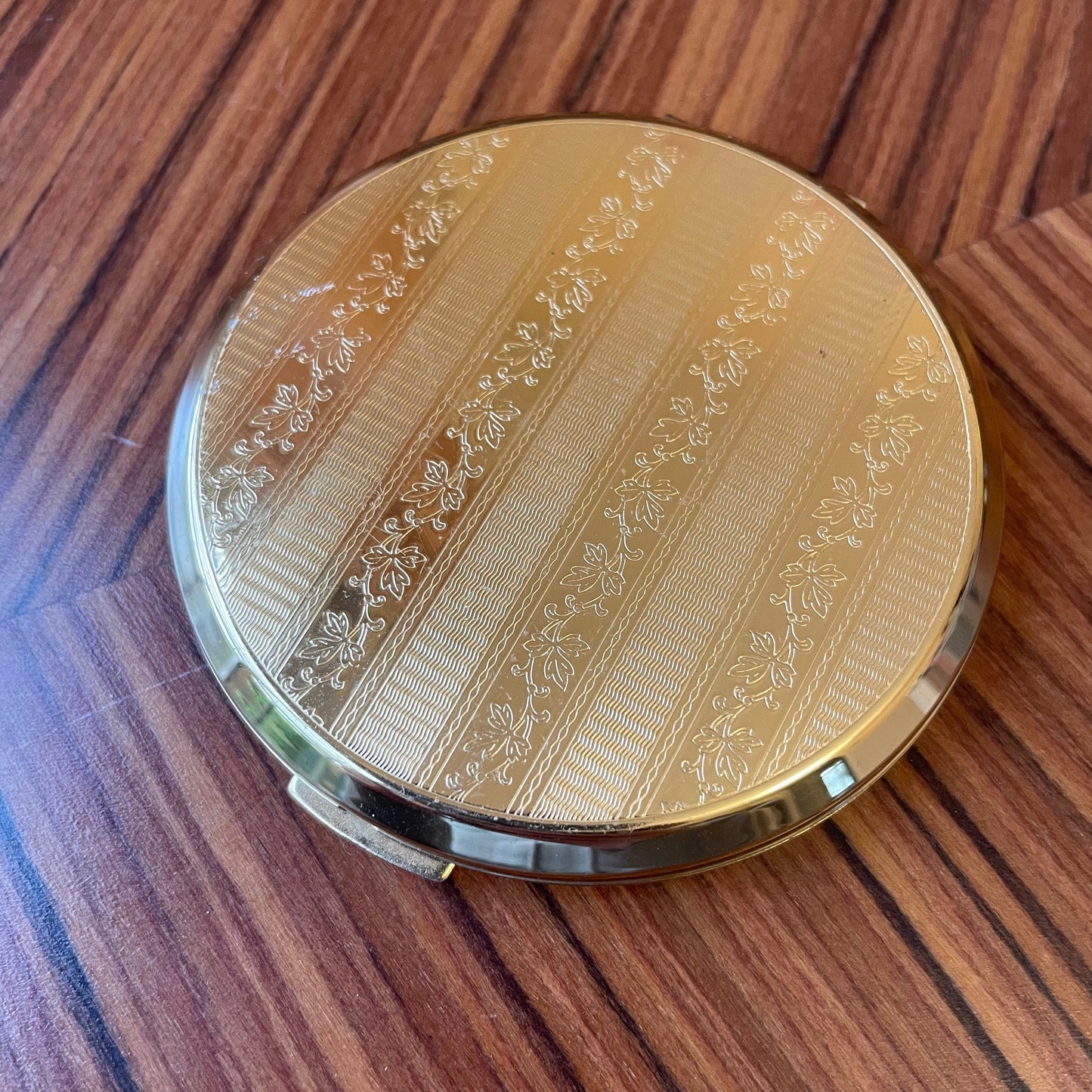 Compact Vintage Stratton England Floral Stripe Pattern Gold Tone Metal Powder Compact with Mirror