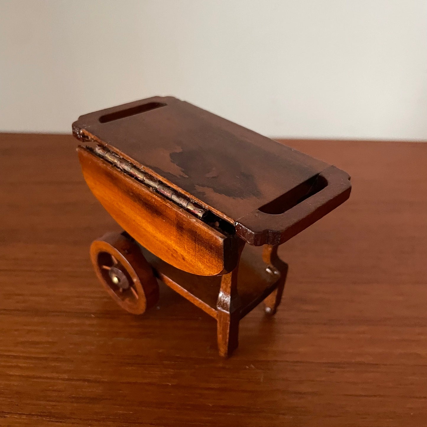 Vintage Dolls House Furniture Sewing Table on Wheels Brown Wood