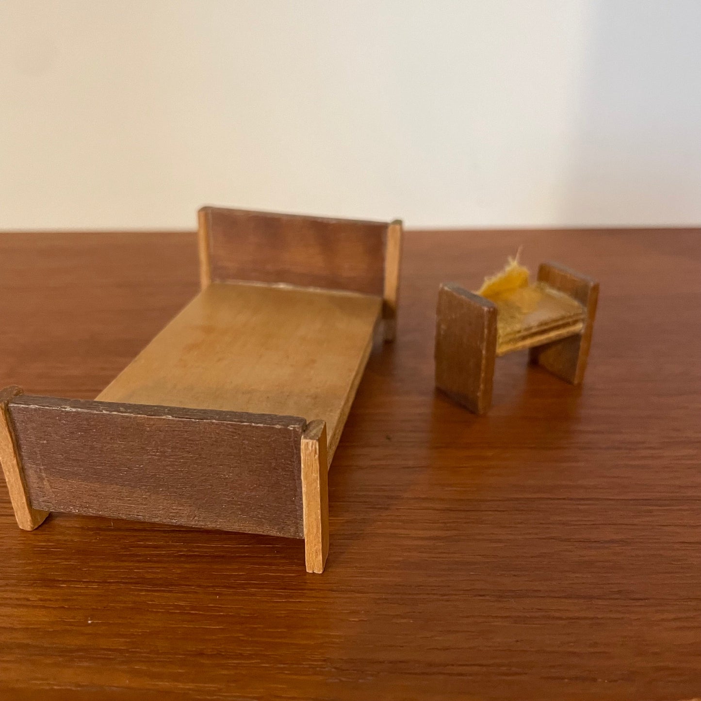 Dolls House Furniture Bed and Side Table Stool Handmade Light Wood