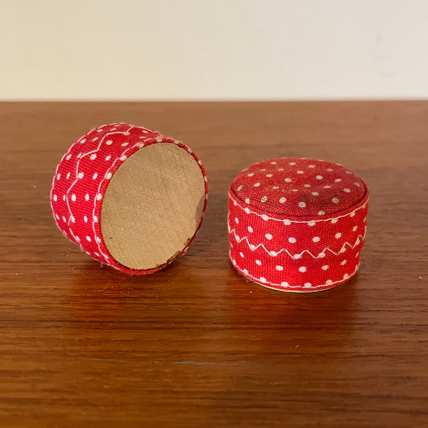 Dolls House Furniture Footstools Set of Two Red and White Polka Dot Spot