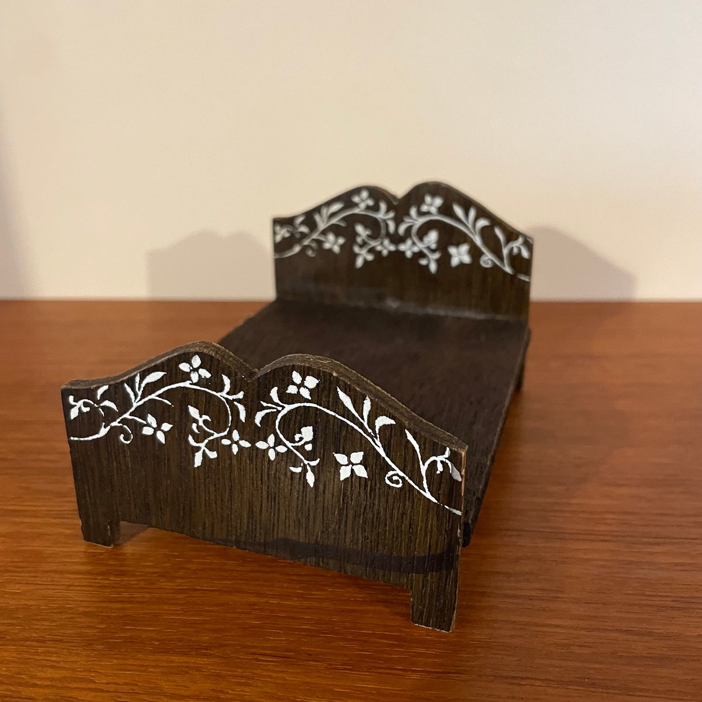 Dolls House Furniture Double Bed Dark Brown and White Painted Wooden