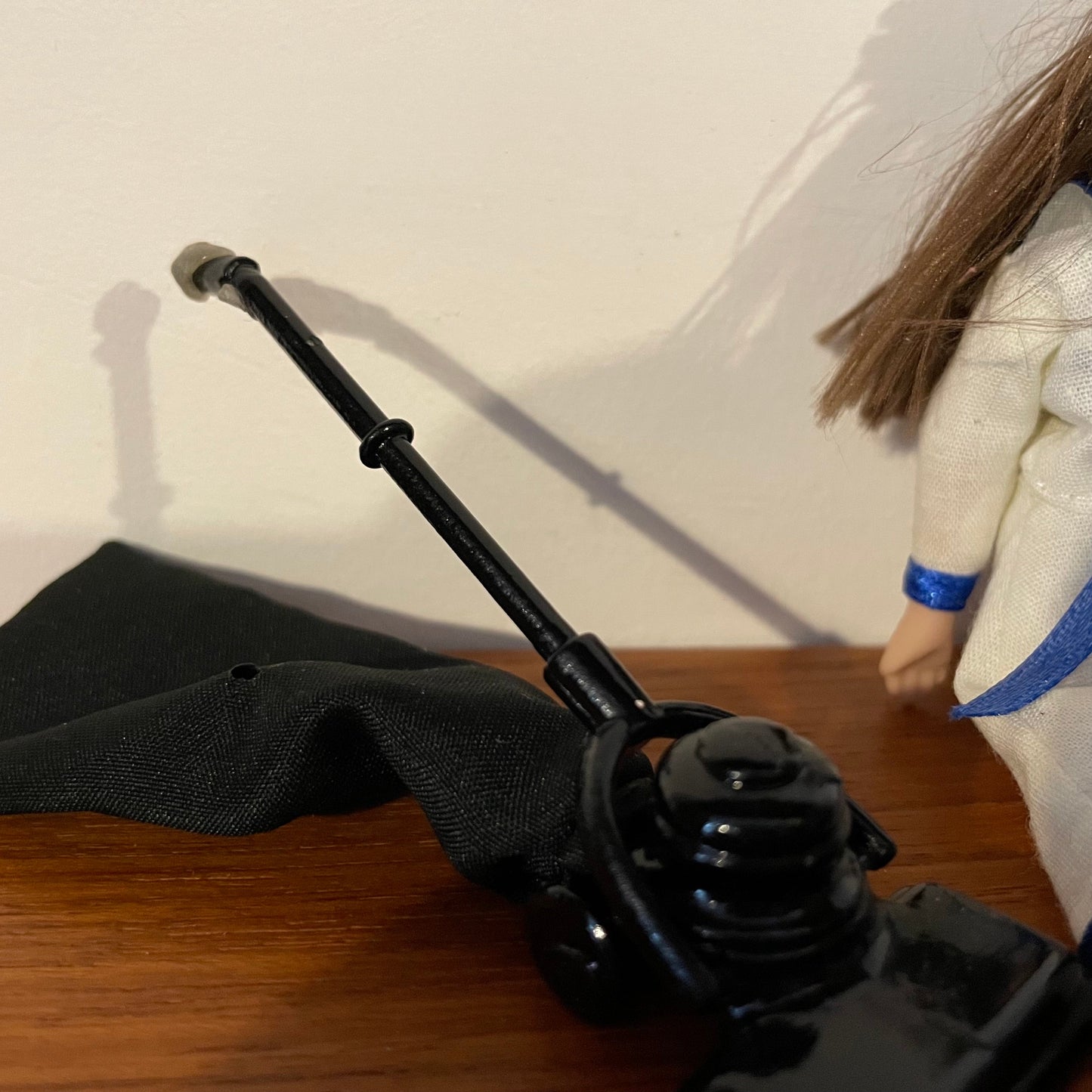 Dolls House Furniture Girl in Sailor Outfit Ceramic with Accessories. Vacuum, Telephone, Parasol, Umbrella