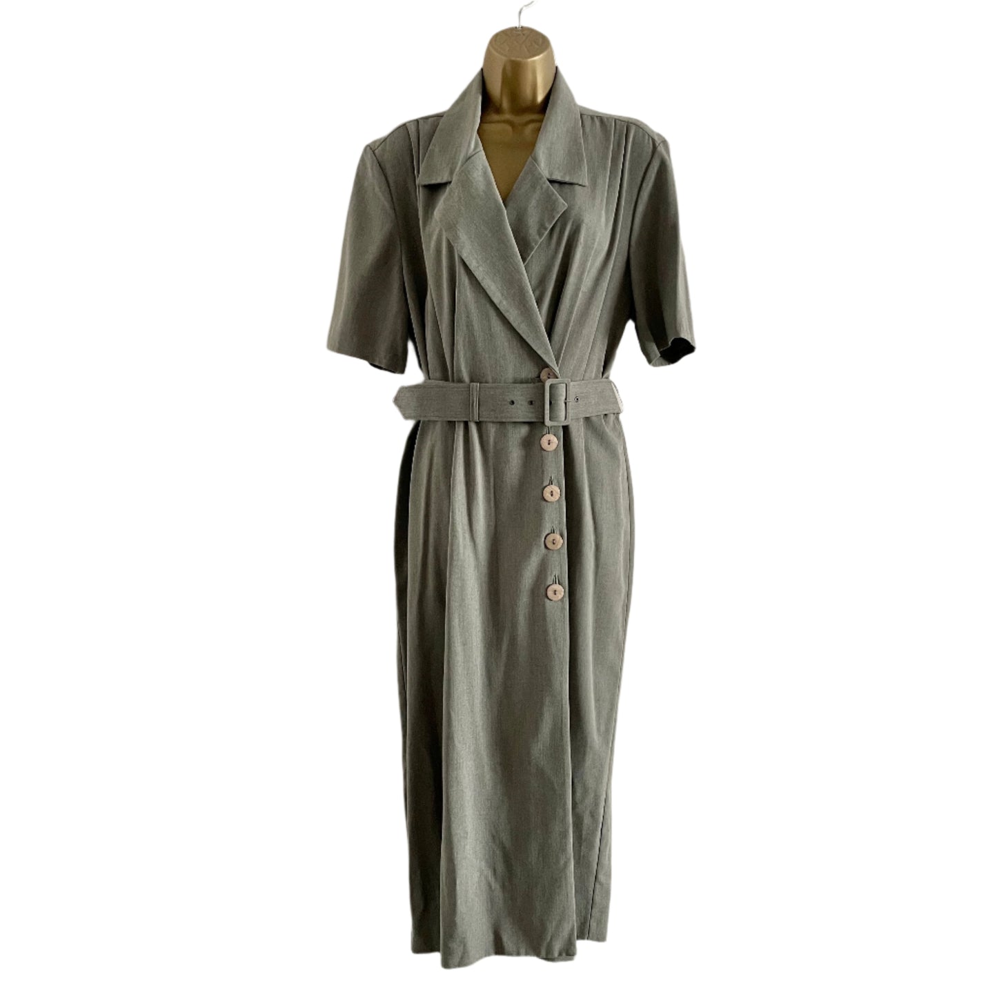 Dress Vintage Grey asymmetric button up smart maxi work dress with matching belt