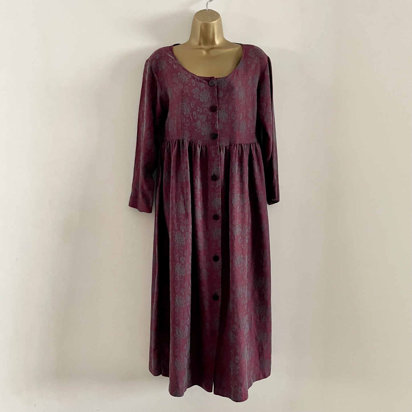 Dress Vintage Ellen Ashley Burgundy & Blue floral pattern button down jersey dress long sleeve