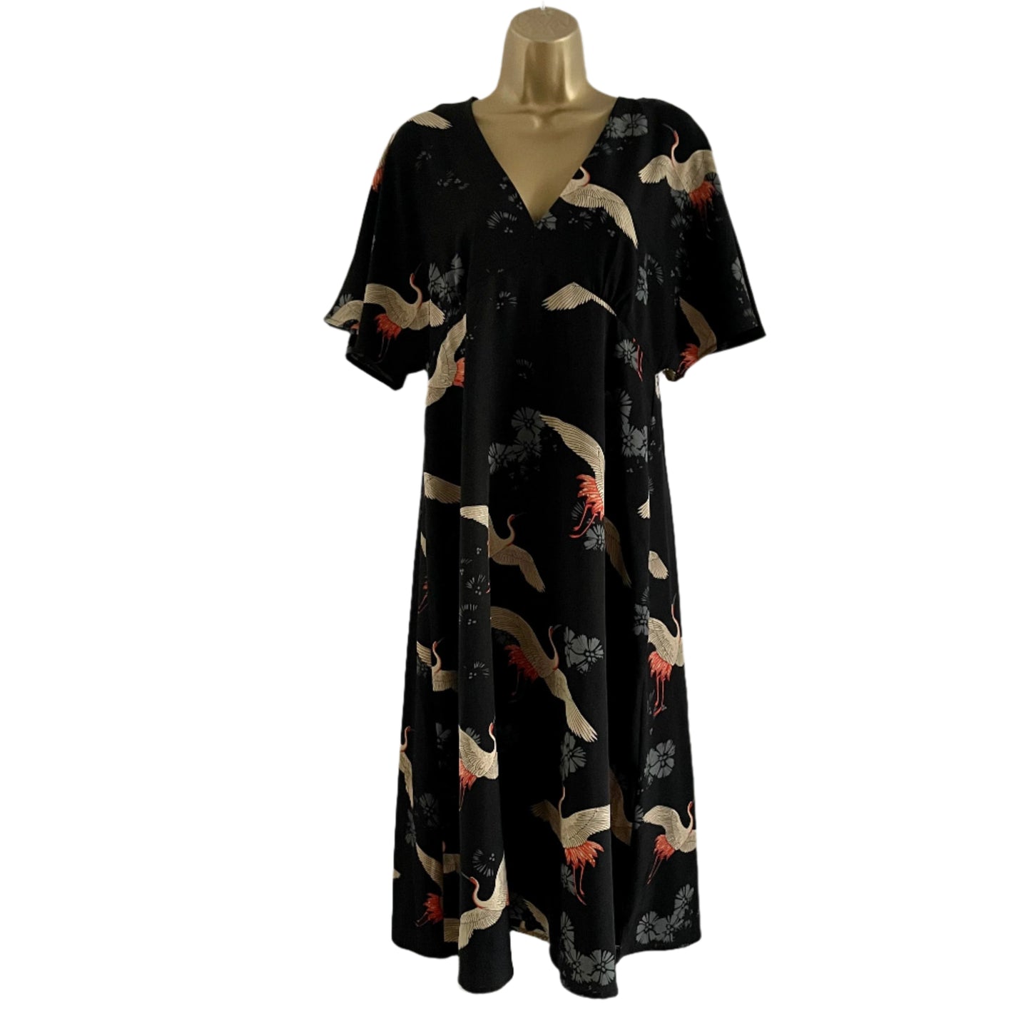 Preloved Black Patterned Yumi Stork Dress with Batwing Sleeves