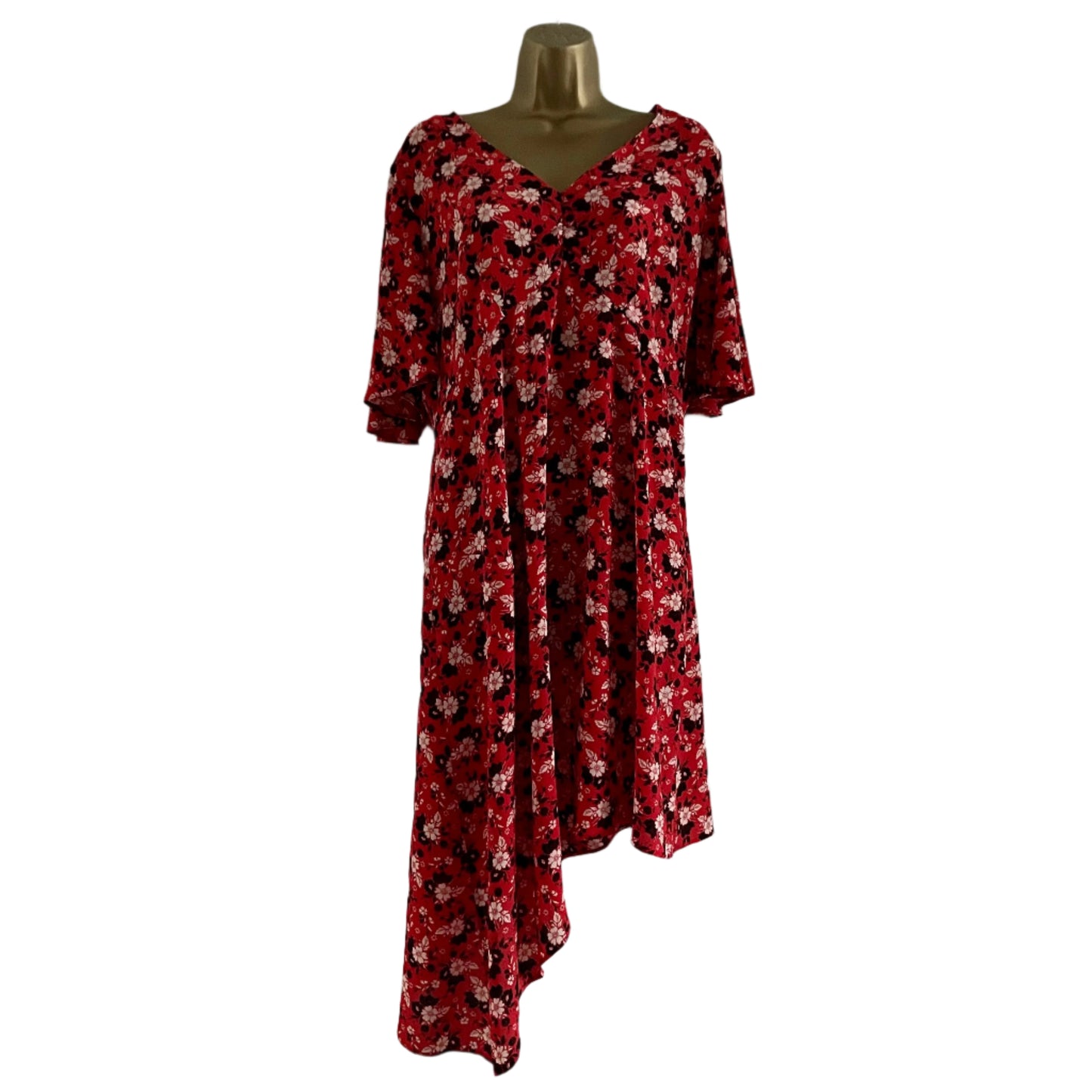 Preloved Red, Black & Pink Ditsy Floral Asymmetric Dress