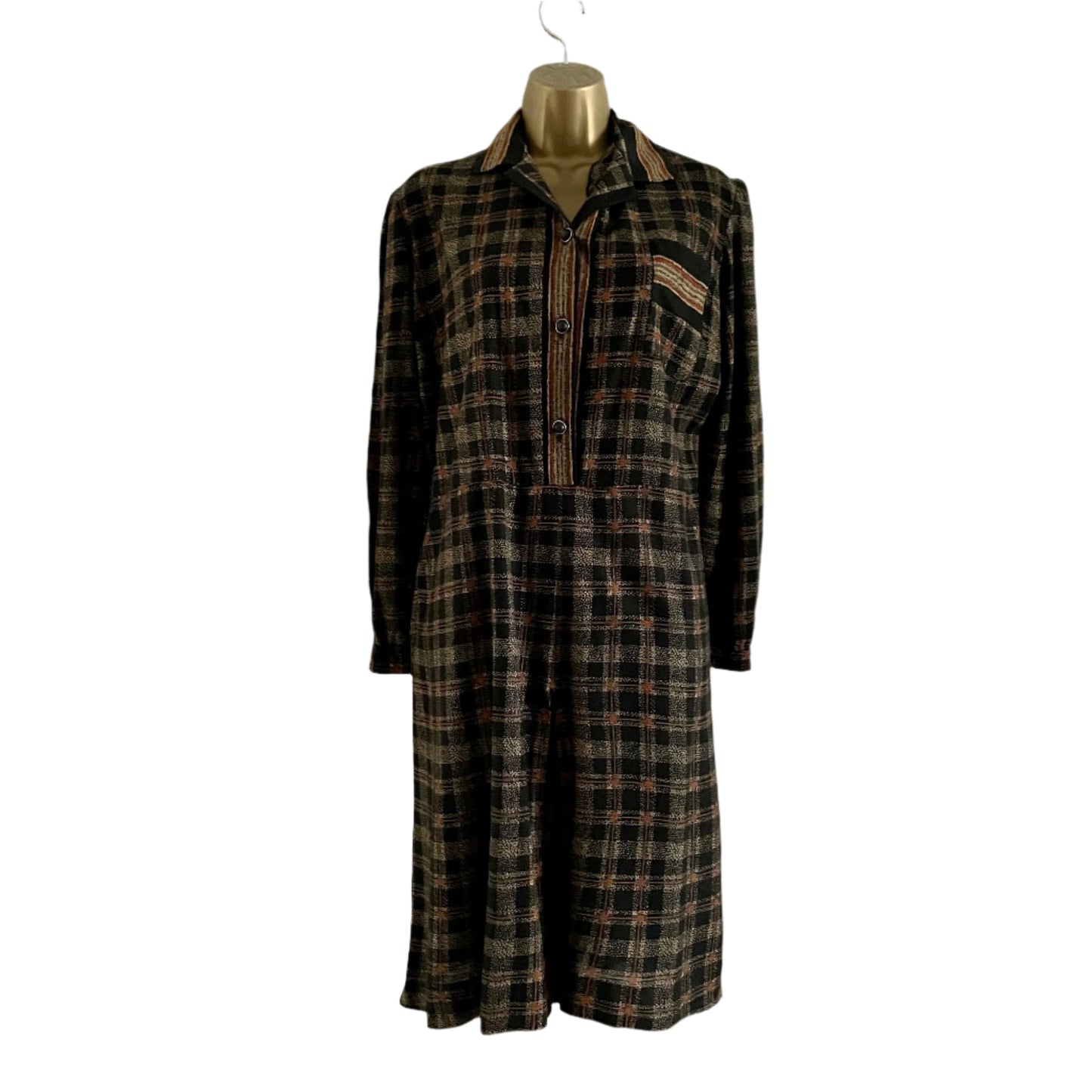 Dress Preloved Black Orange & Brown Check Shirt Dress Long Sleeves Midi Buttons Pockets Zip.