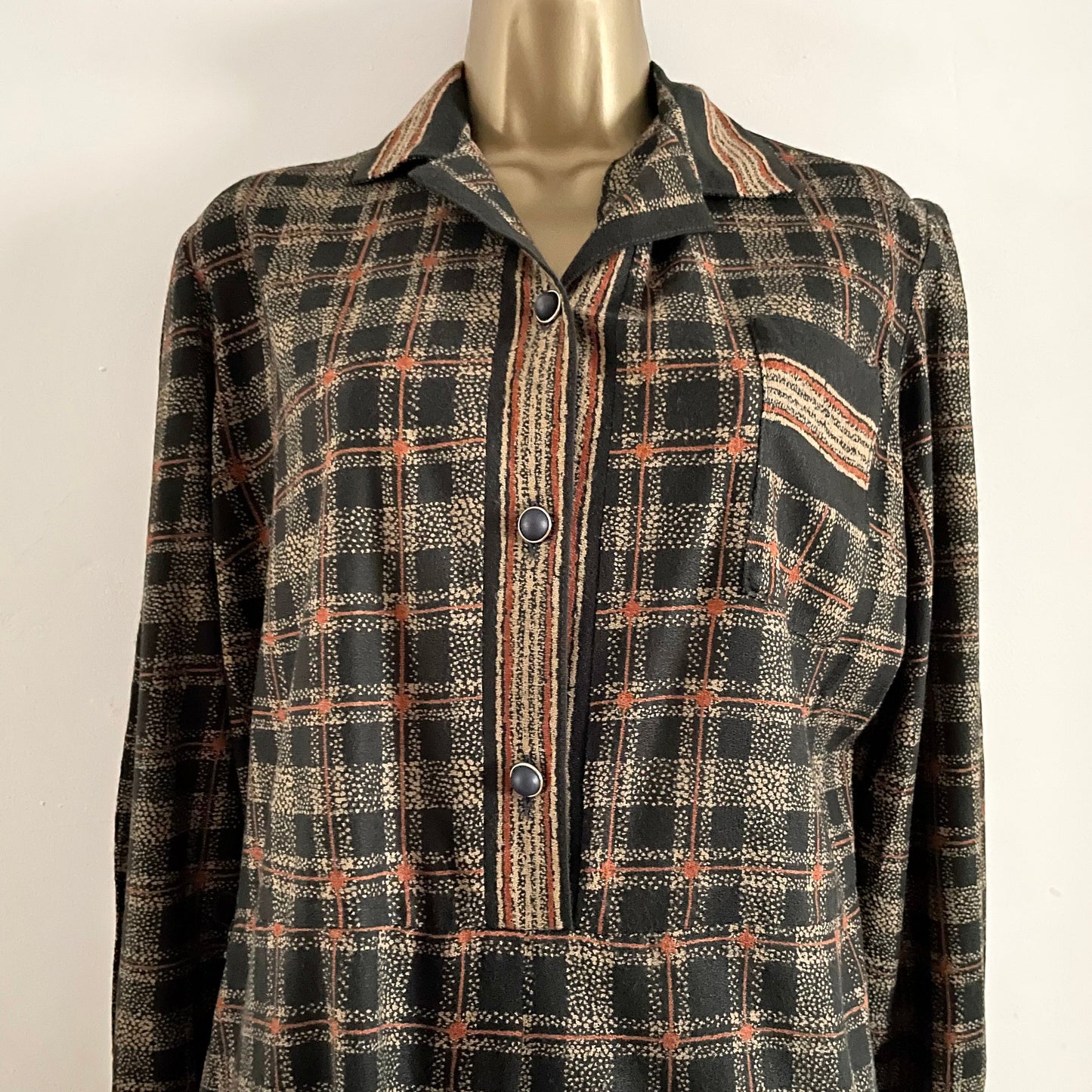 Dress Preloved Black Orange & Brown Check Shirt Dress Long Sleeves Midi Buttons Pockets Zip.