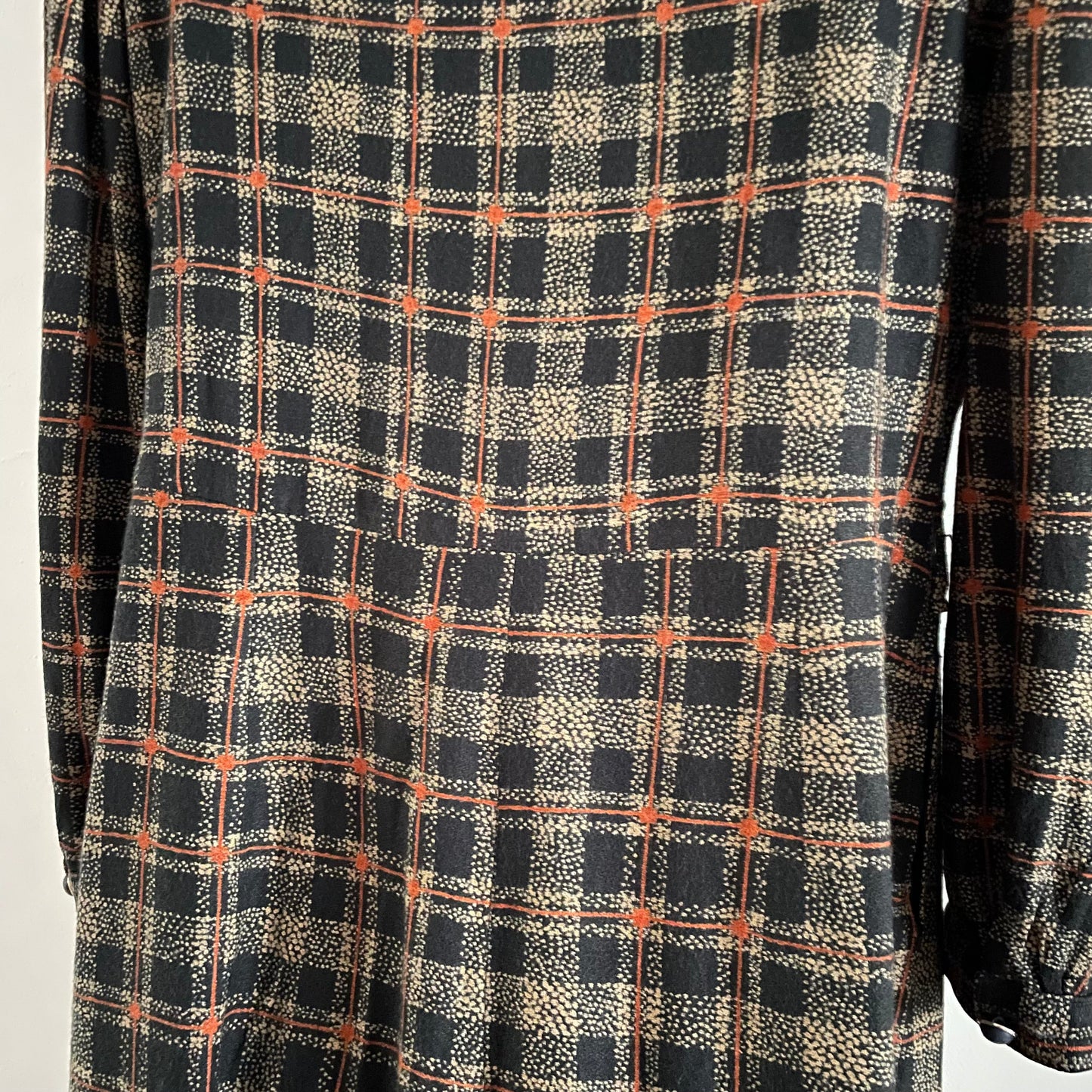 Vintage Black Orange & Brown Check Midi Shirt Dress with Pockets