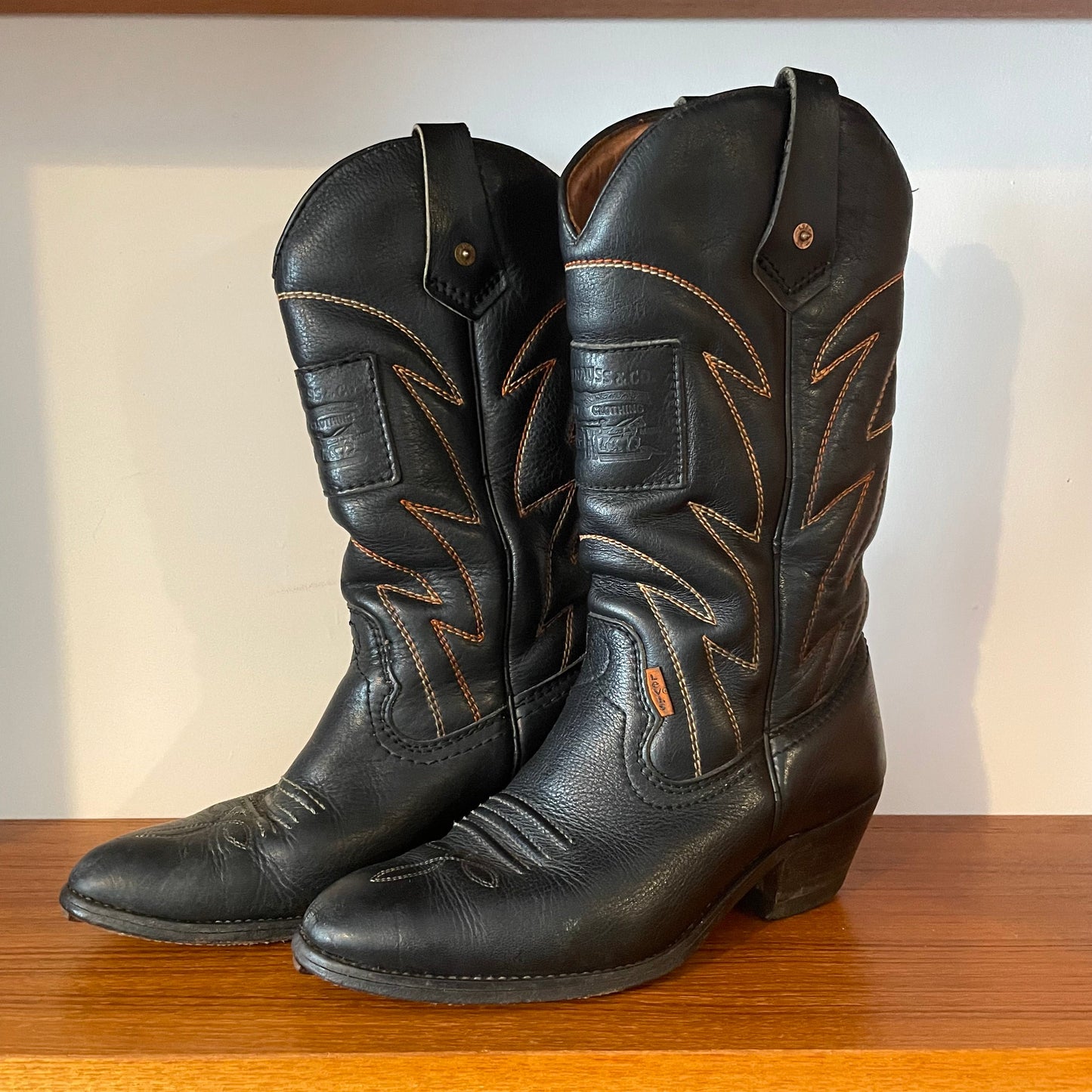 Reserved Vintage LEVI'S BLACK LEATHER COWBOY BOOTS WITH ORANGE CONTRAST STITCHING (UK 6, EU 39, US 8)