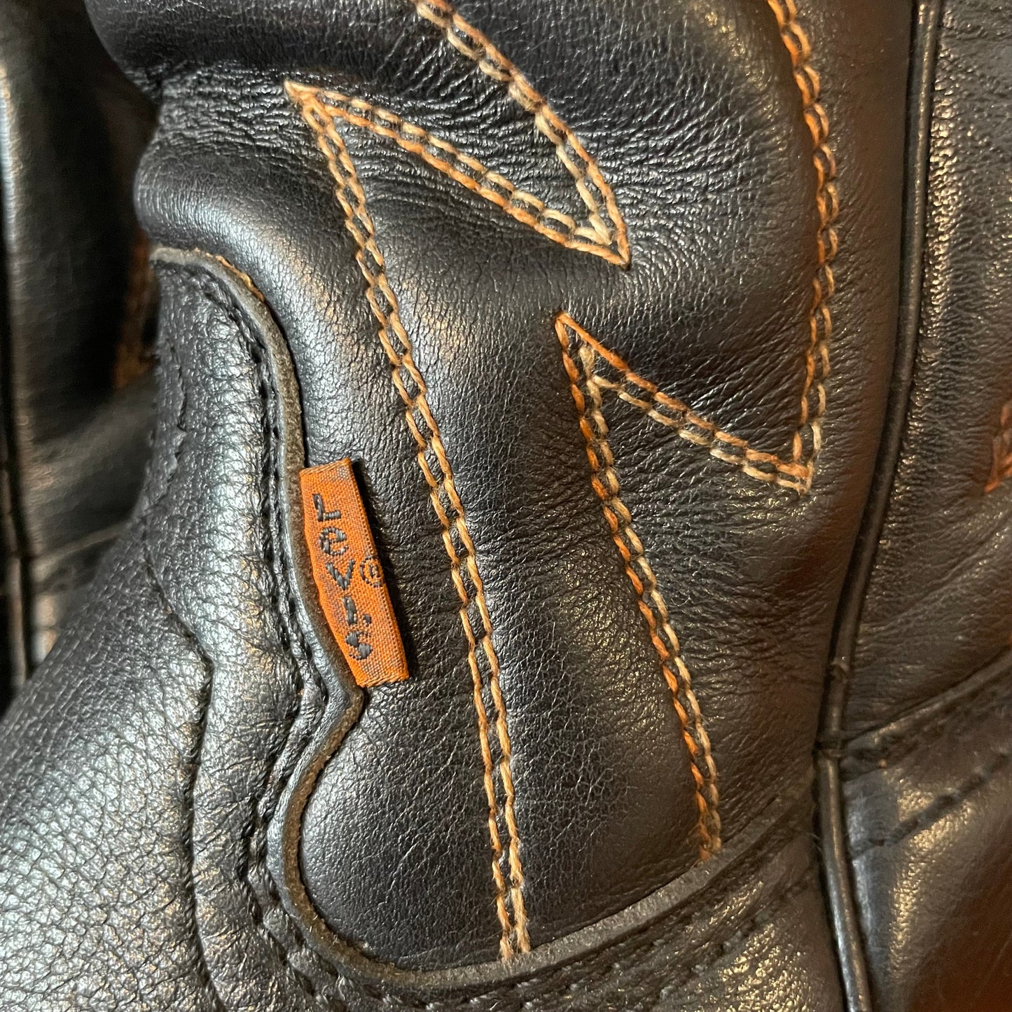 Reserved Vintage LEVI'S BLACK LEATHER COWBOY BOOTS WITH ORANGE CONTRAST STITCHING (UK 6, EU 39, US 8)