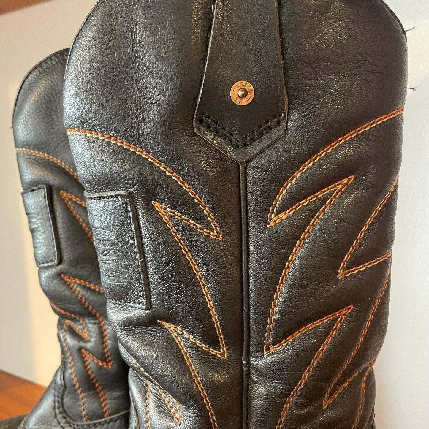 Reserved Vintage LEVI'S BLACK LEATHER COWBOY BOOTS WITH ORANGE CONTRAST STITCHING (UK 6, EU 39, US 8)