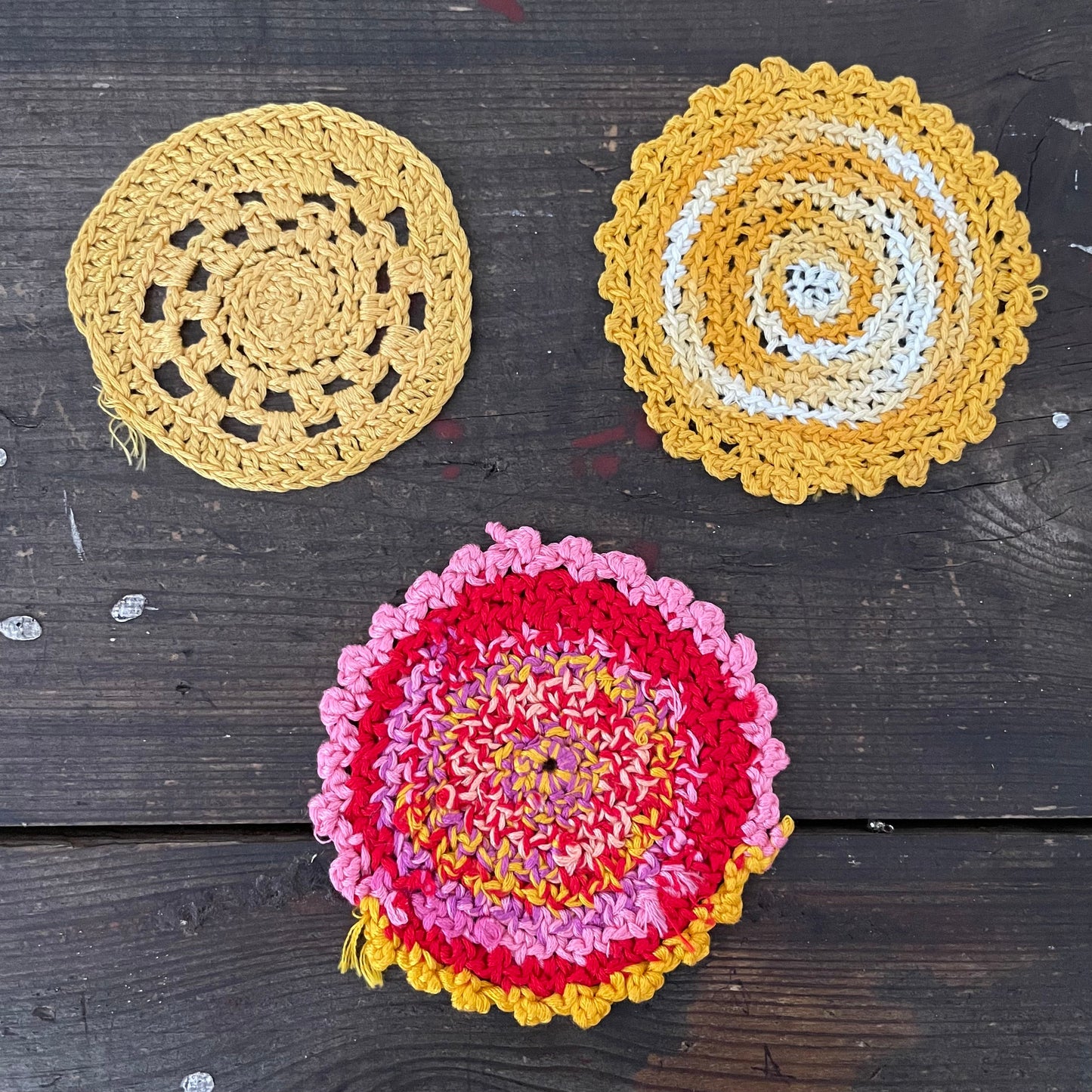 Doily Vintage Set of 3 Sunset Pink and Yellow Crochet