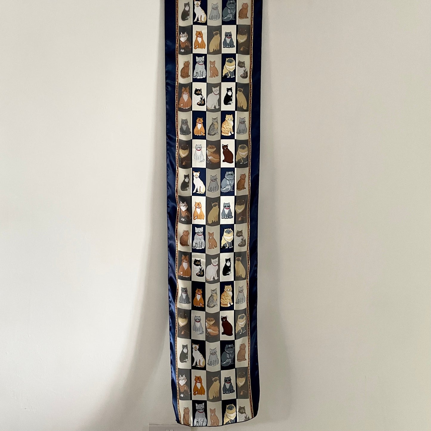 Scarf Vintage Navy blue and cream long cat lover scarf. Tabby Vintage Accessories Handmade Unique Design