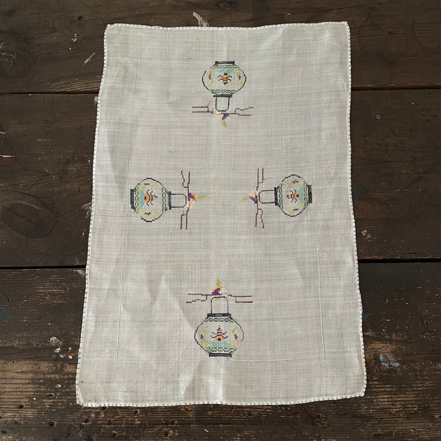Antique 1930s Chinese Tablecloth with Hand Embroidered Pagodas