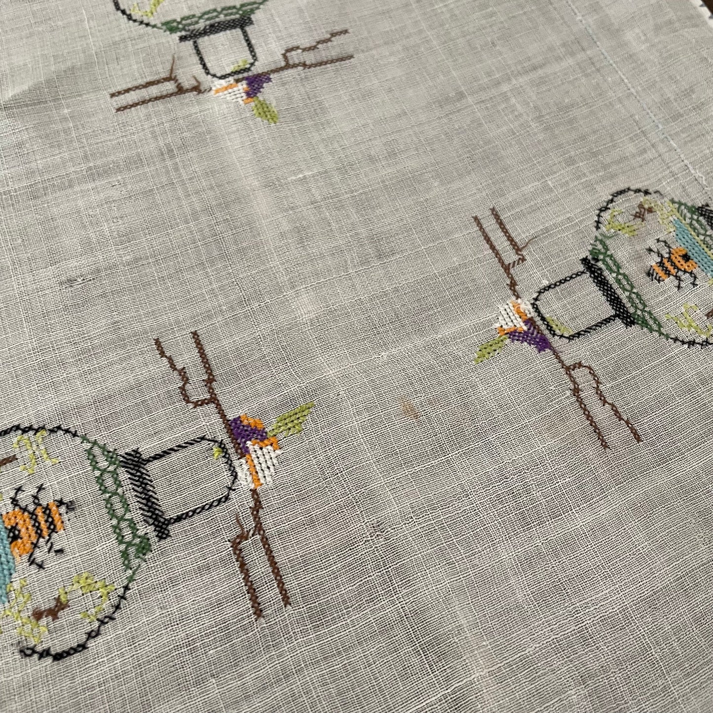 Antique 1930s Chinese Tablecloth with Hand Embroidered Pagodas