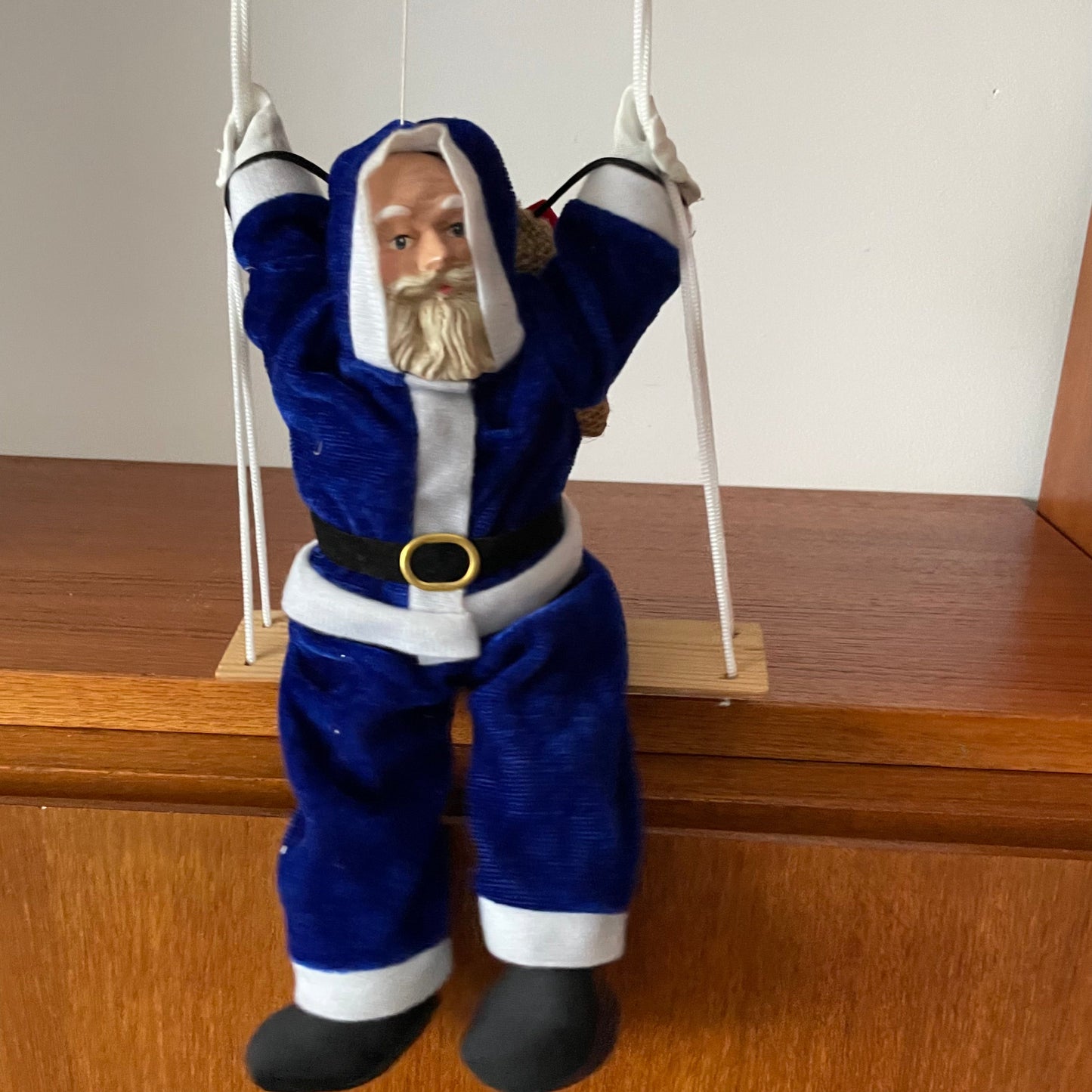 Santa Puppet Vintage Mid Century Hanging European Blue Father Christmas Puppet with Bisque Face