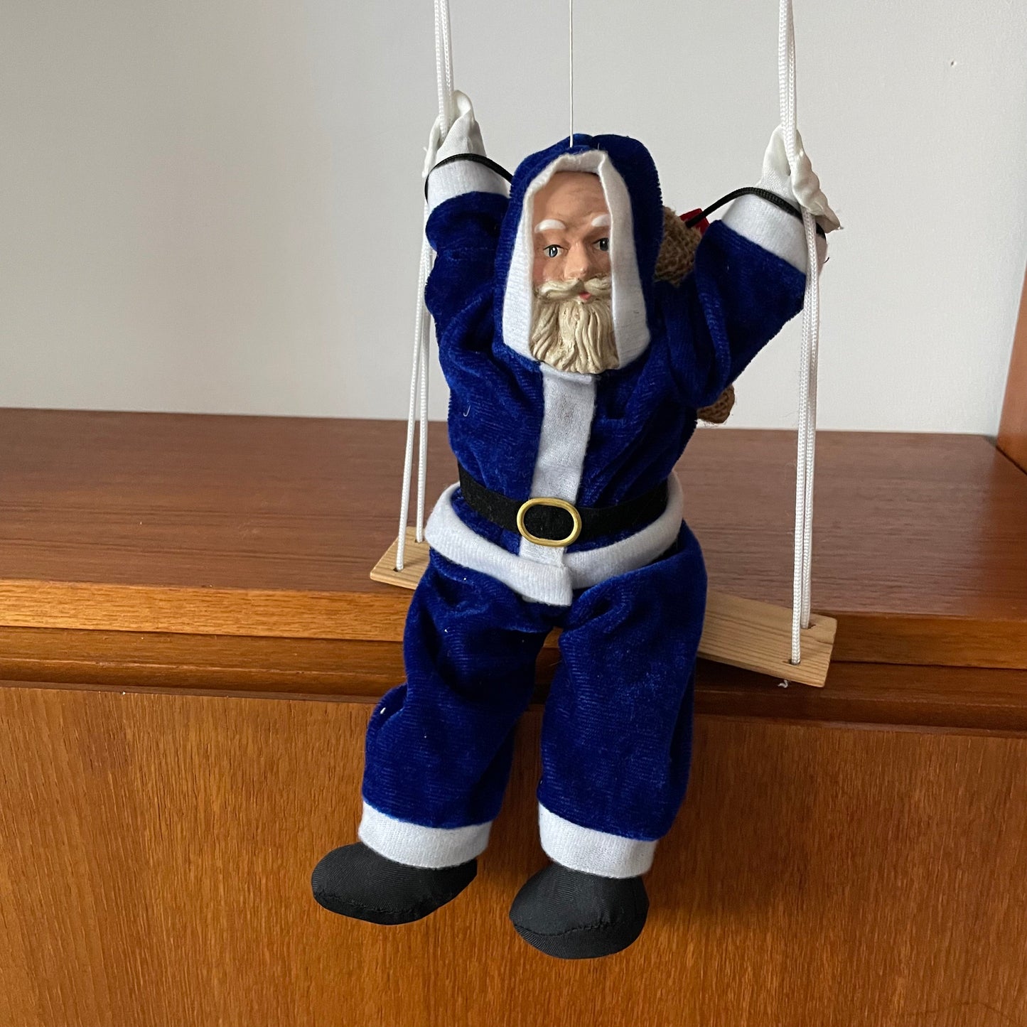 Santa Puppet Vintage Mid Century Hanging European Blue Father Christmas Puppet with Bisque Face