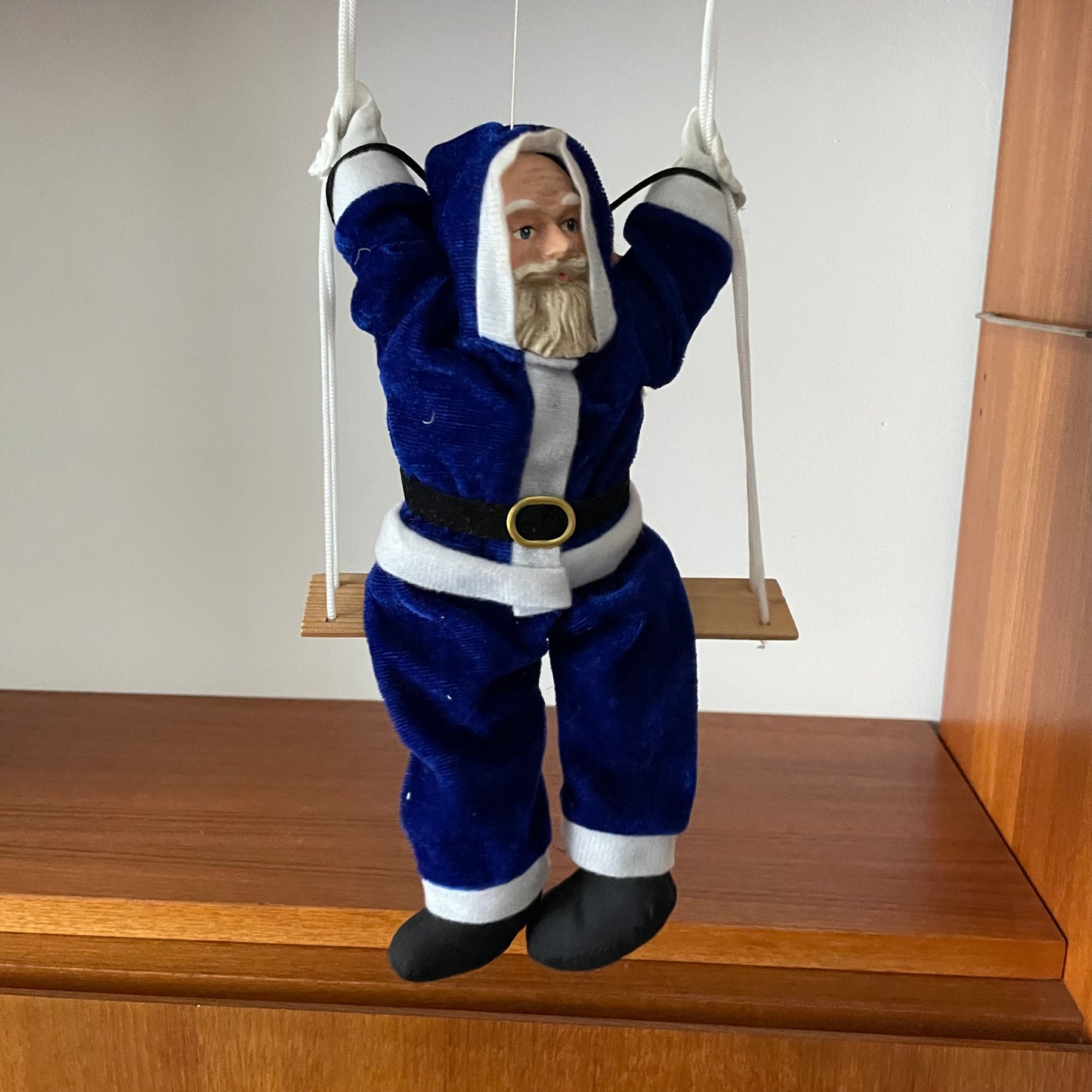 Santa Puppet Vintage Mid Century Hanging European Blue Father Christmas Puppet with Bisque Face