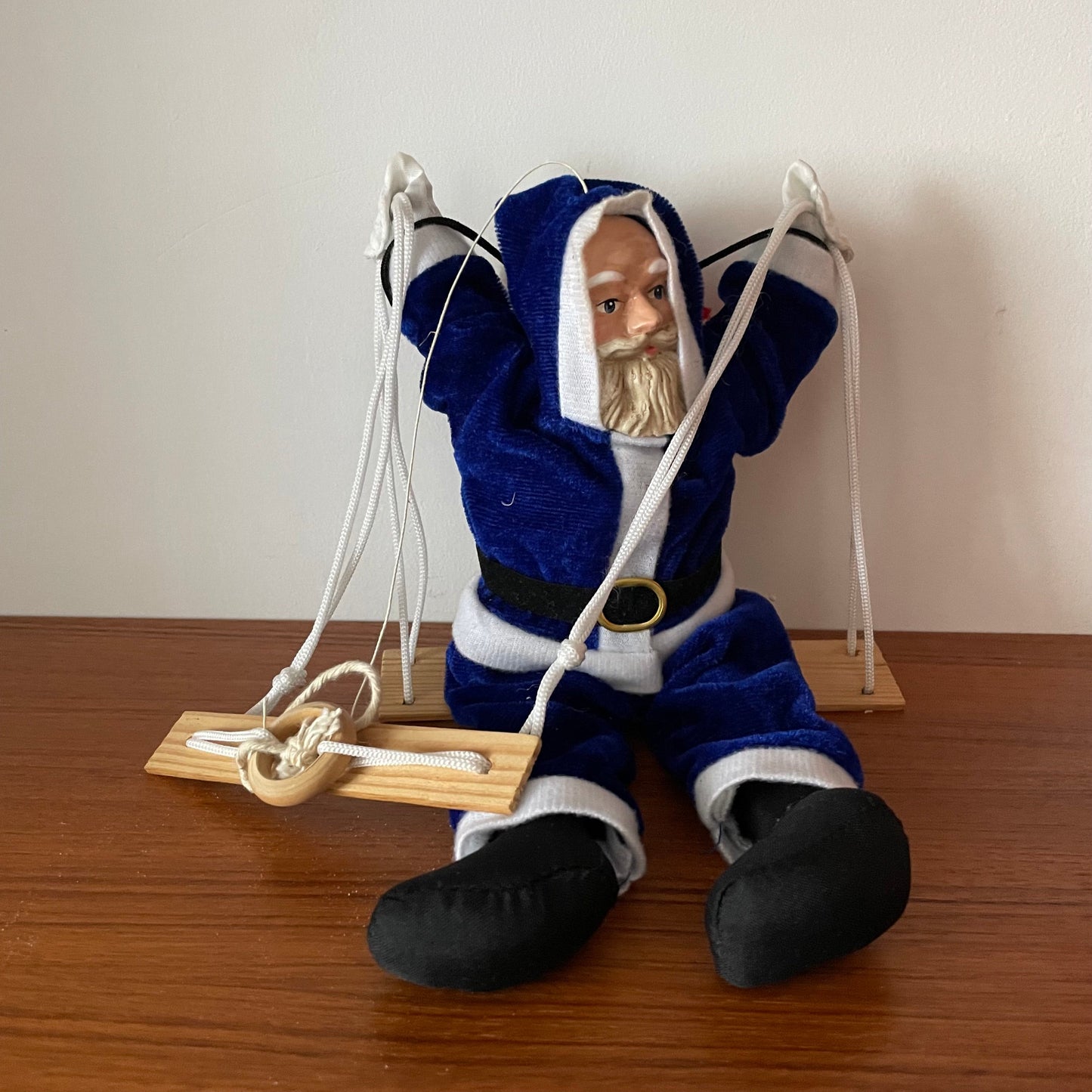 Santa Puppet Vintage Mid Century Hanging European Blue Father Christmas Puppet with Bisque Face