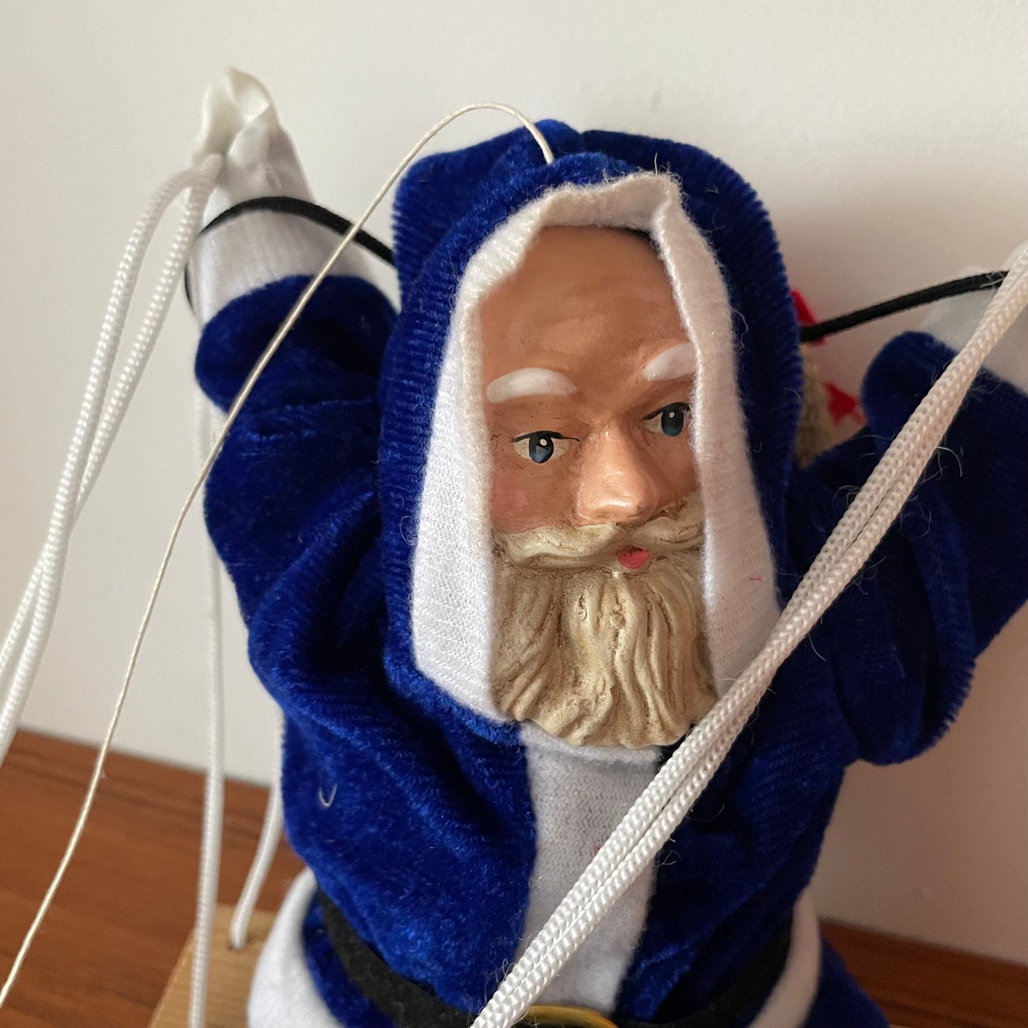Santa Puppet Vintage Mid Century Hanging European Blue Father Christmas Puppet with Bisque Face