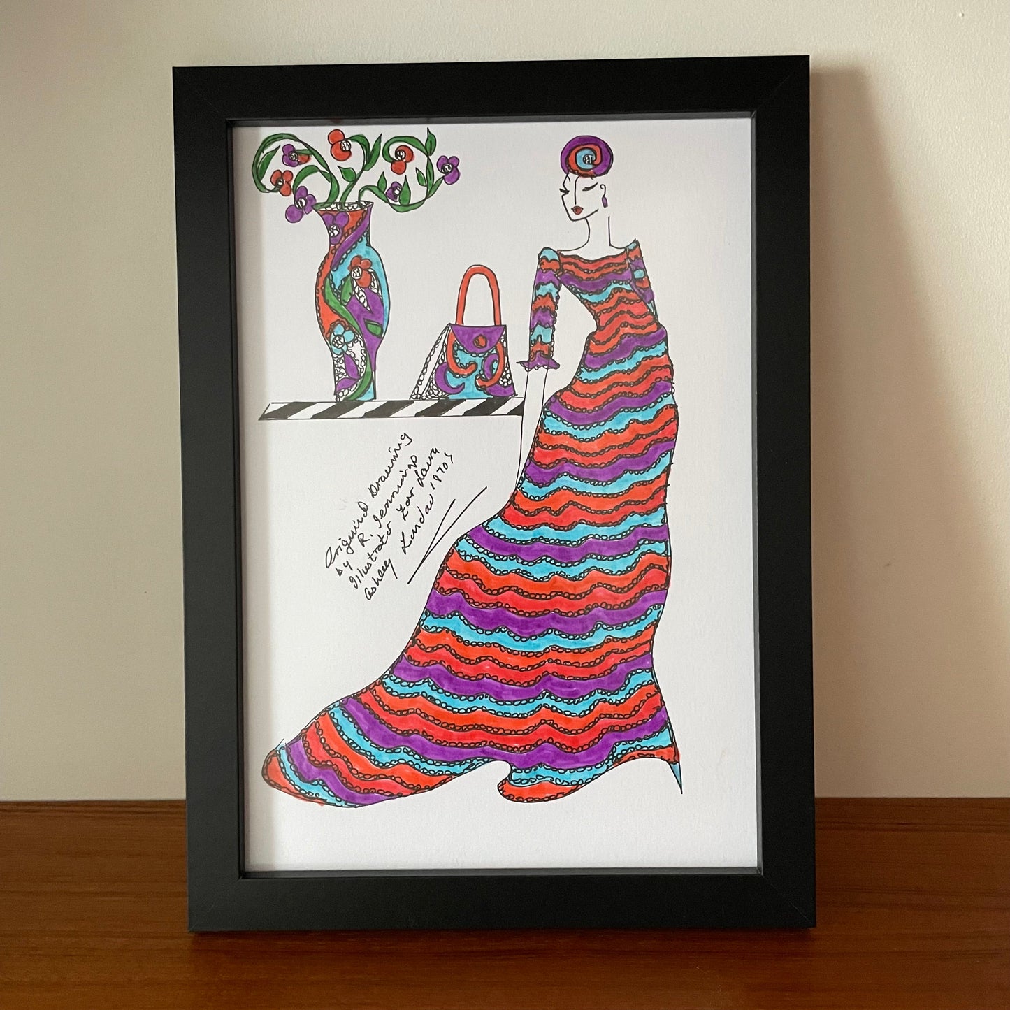 Original Art Laura Ashley Vintage 1970s Art Drawings by Roz Jennings. Fashion Illustration. 1 Figure, Blue Purple Red Maxi Dress Plant