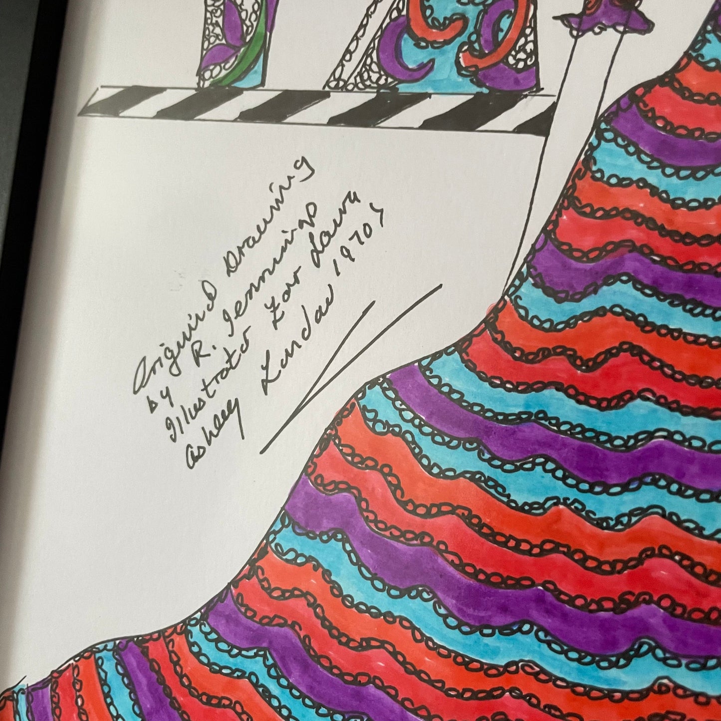 Original Art Laura Ashley Vintage 1970s Art Drawings by Roz Jennings. Fashion Illustration. 1 Figure, Blue Purple Red Maxi Dress Plant