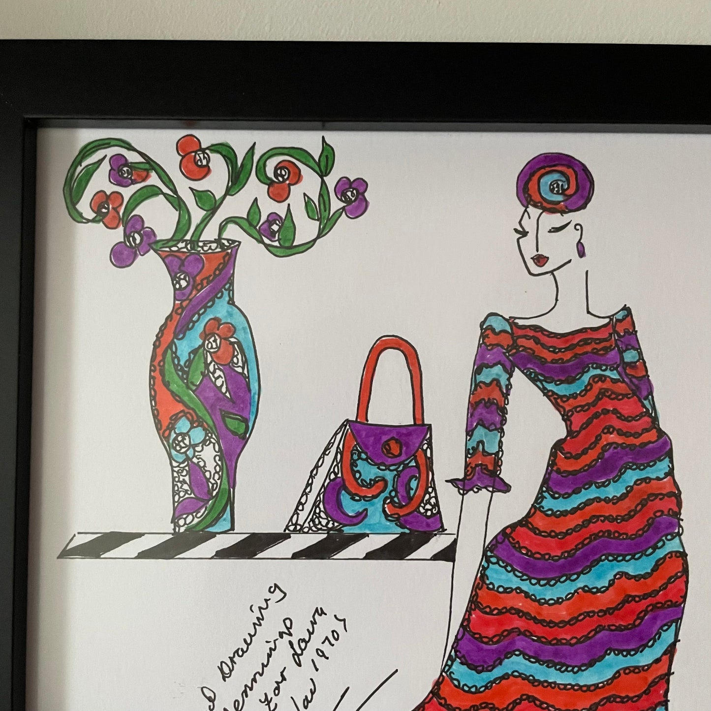 Original Art Laura Ashley Vintage 1970s Art Drawings by Roz Jennings. Fashion Illustration. 1 Figure, Blue Purple Red Maxi Dress Plant