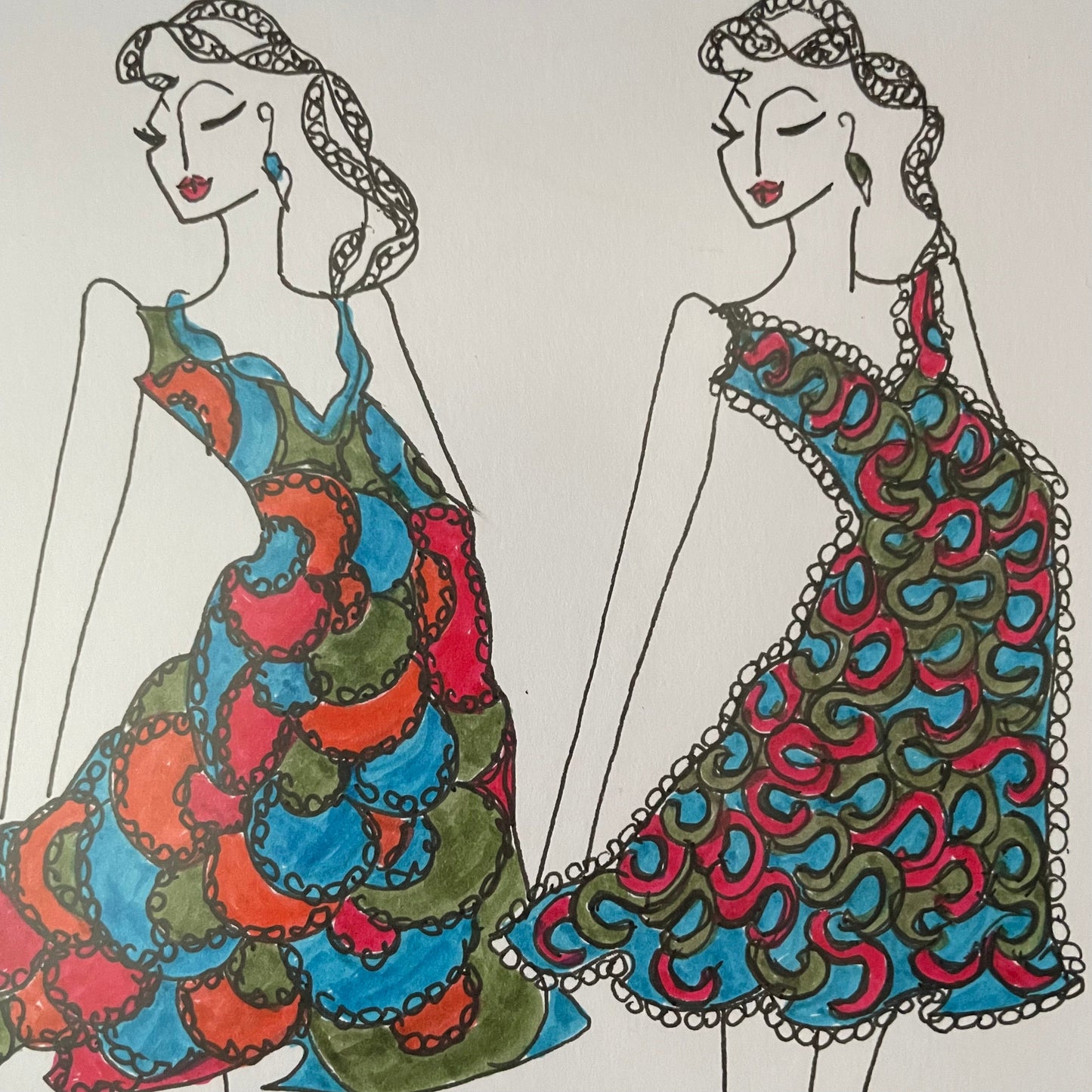 Original Art Laura Ashley Vintage 1970s Fashion Illustration Drawing