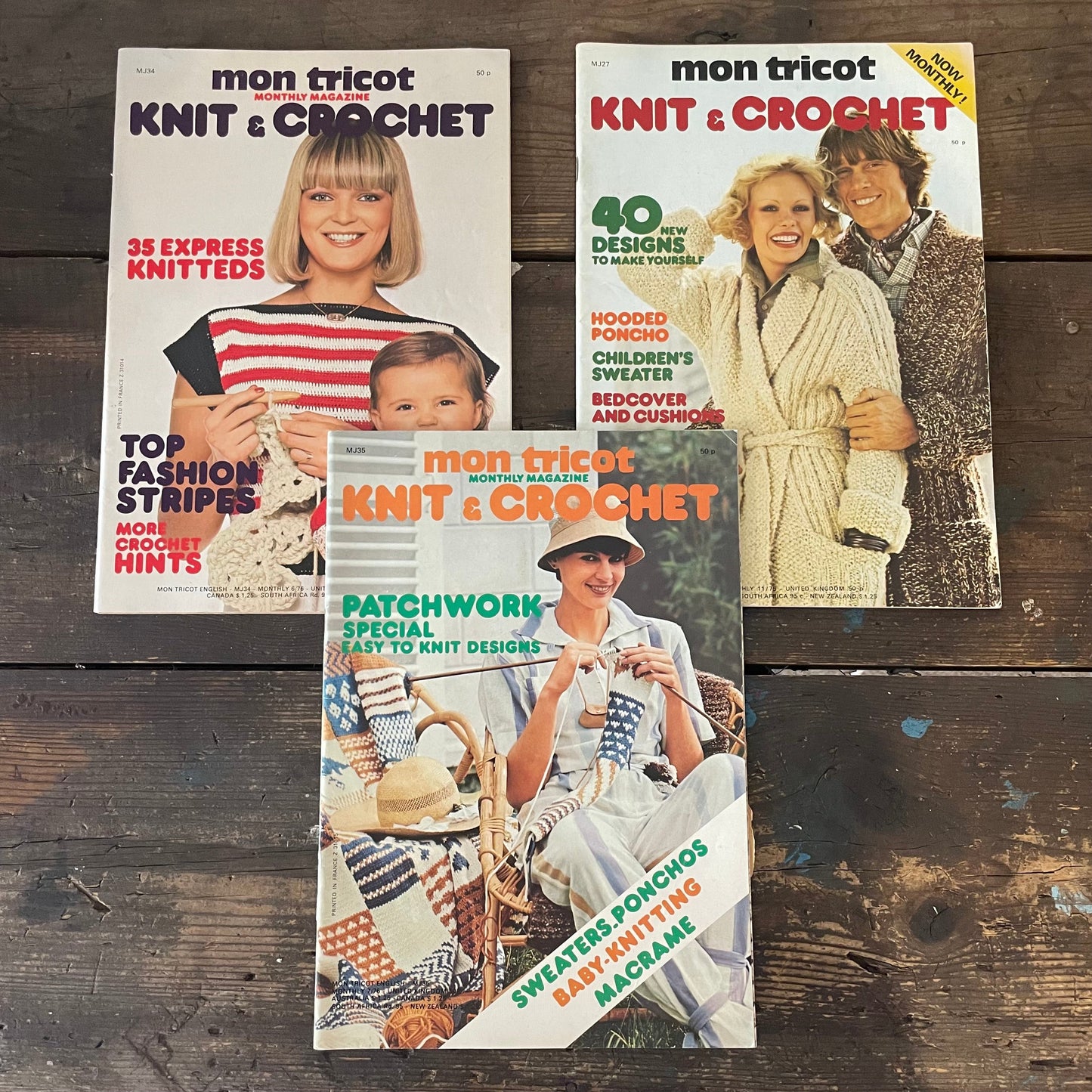 Magazine Vintage Job Lot 3x Mon Tricot Knit and Crochet MJ27, MJ34, MJ35 Monthly Magazines 70s Paper Ephemera