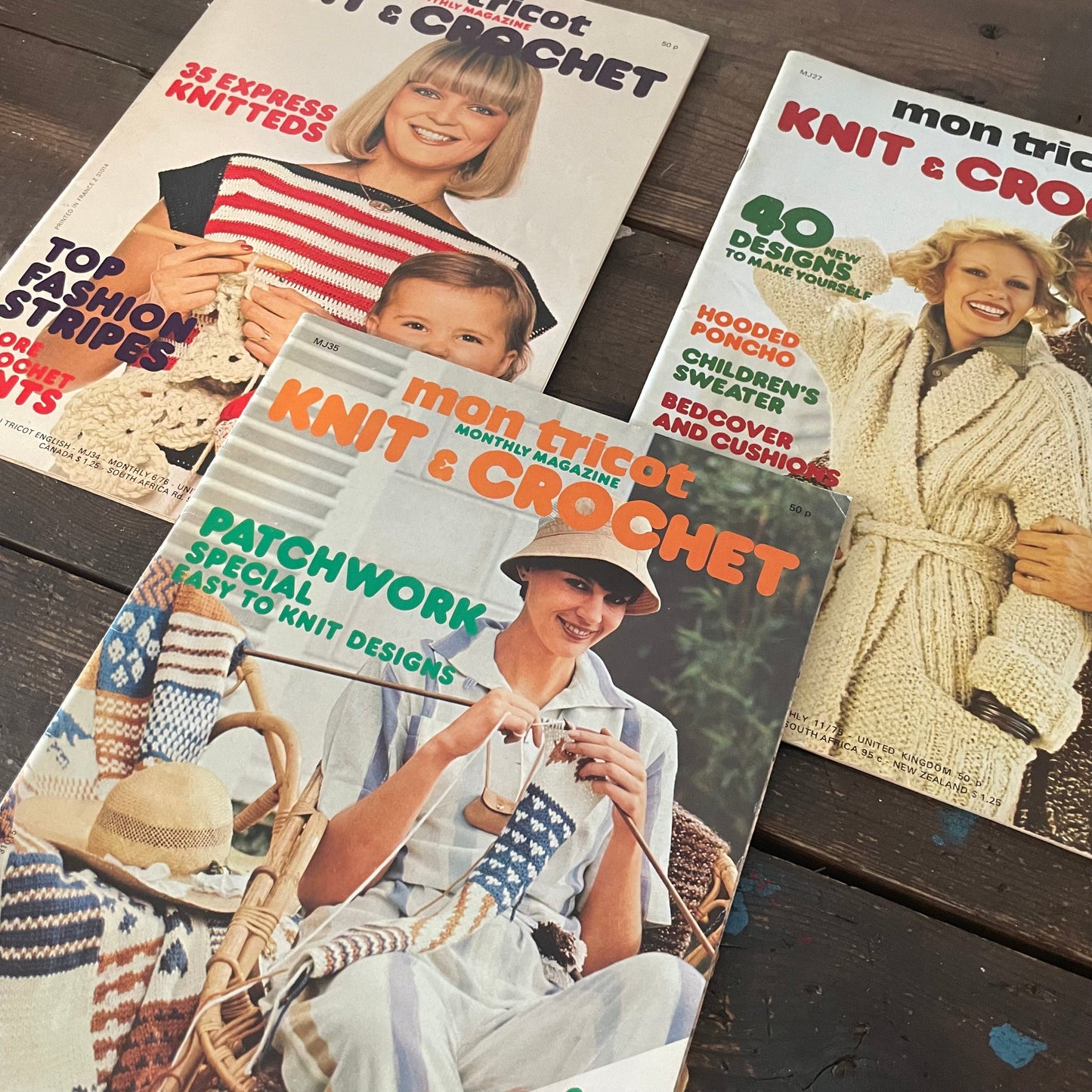 Magazine Vintage Job Lot 3x Mon Tricot Knit and Crochet MJ27, MJ34, MJ35 Monthly Magazines 70s Paper Ephemera