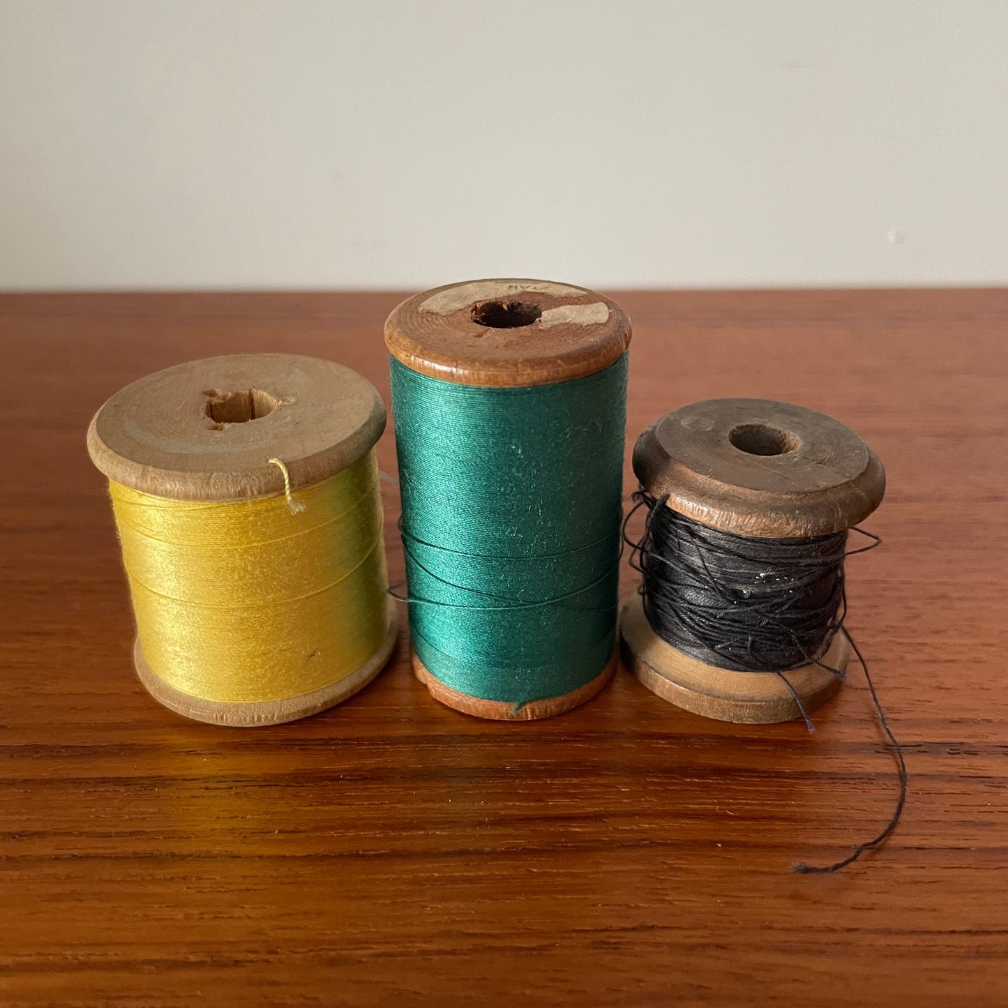 Thread Yellow, Teal and Black Wooden Vintage Thread Reels Set