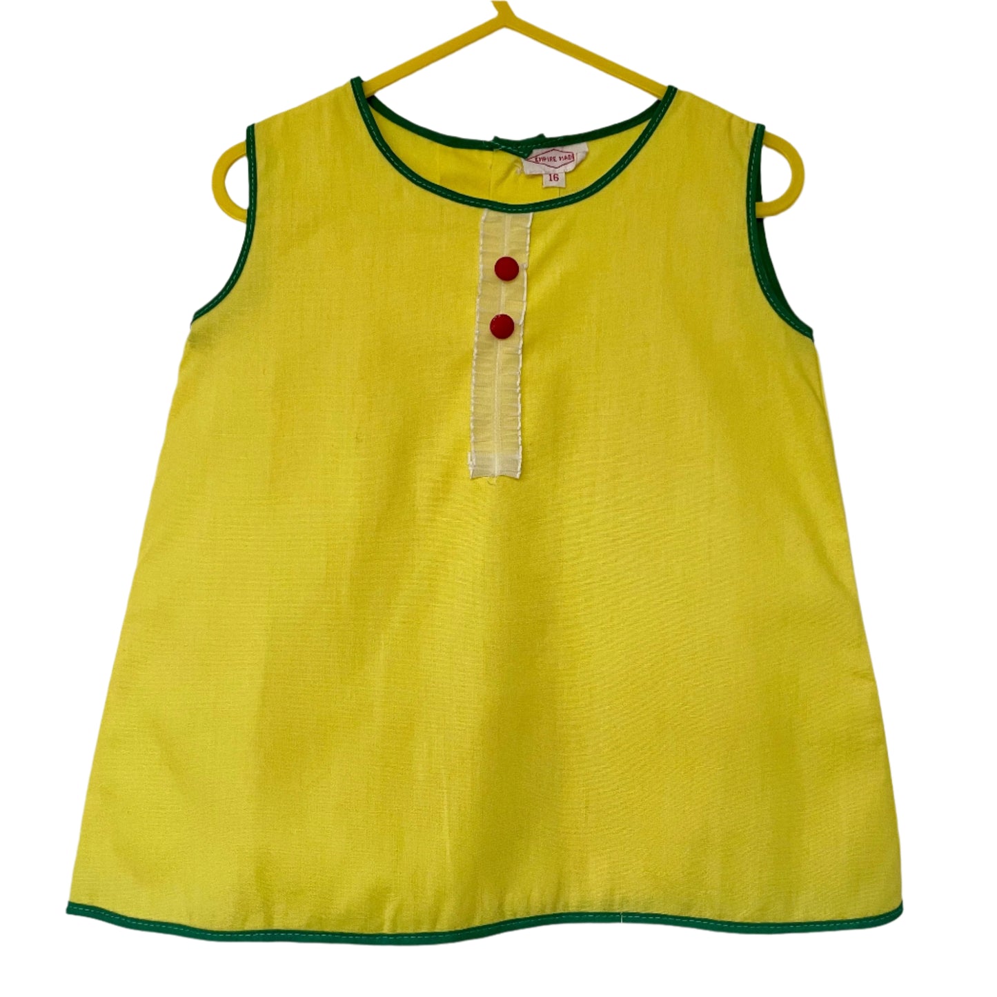 Vintage Children's Shift Dress Yellow Empire with Green Trim