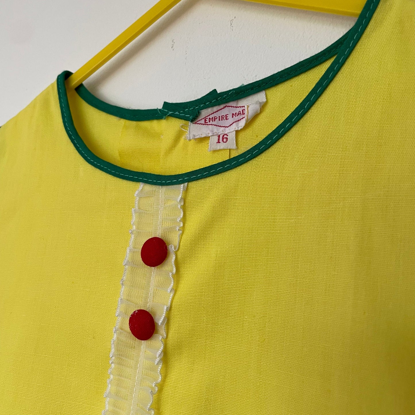 Vintage Children's Shift Dress Yellow Empire with Green Trim