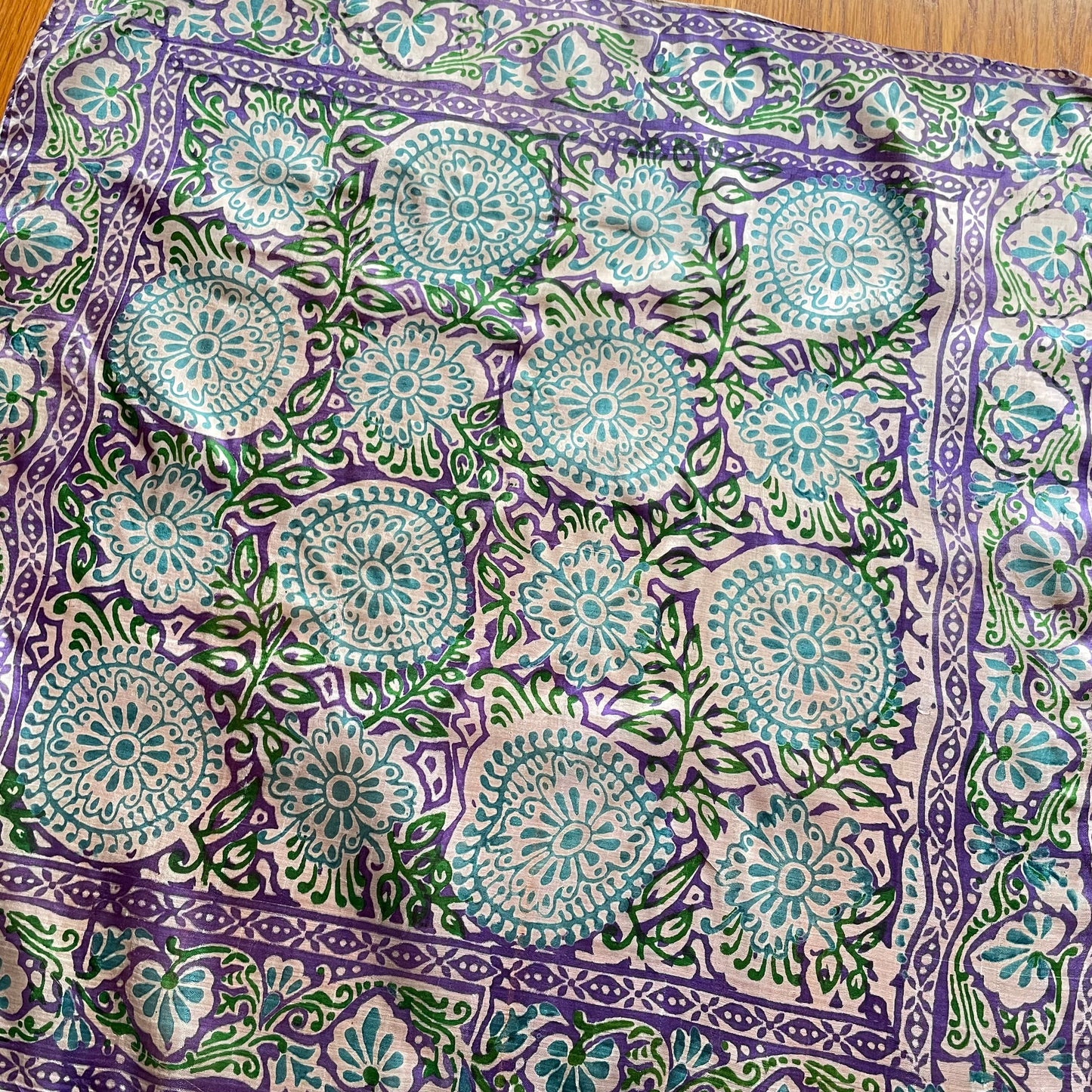Vintage Silk Scarf White Purple Green Hand Rolled Edges 53cm Square