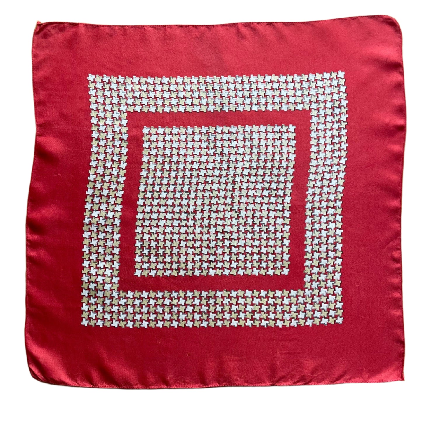 Vintage Red Square Cream Geometric Silk Scarf With Small Mark