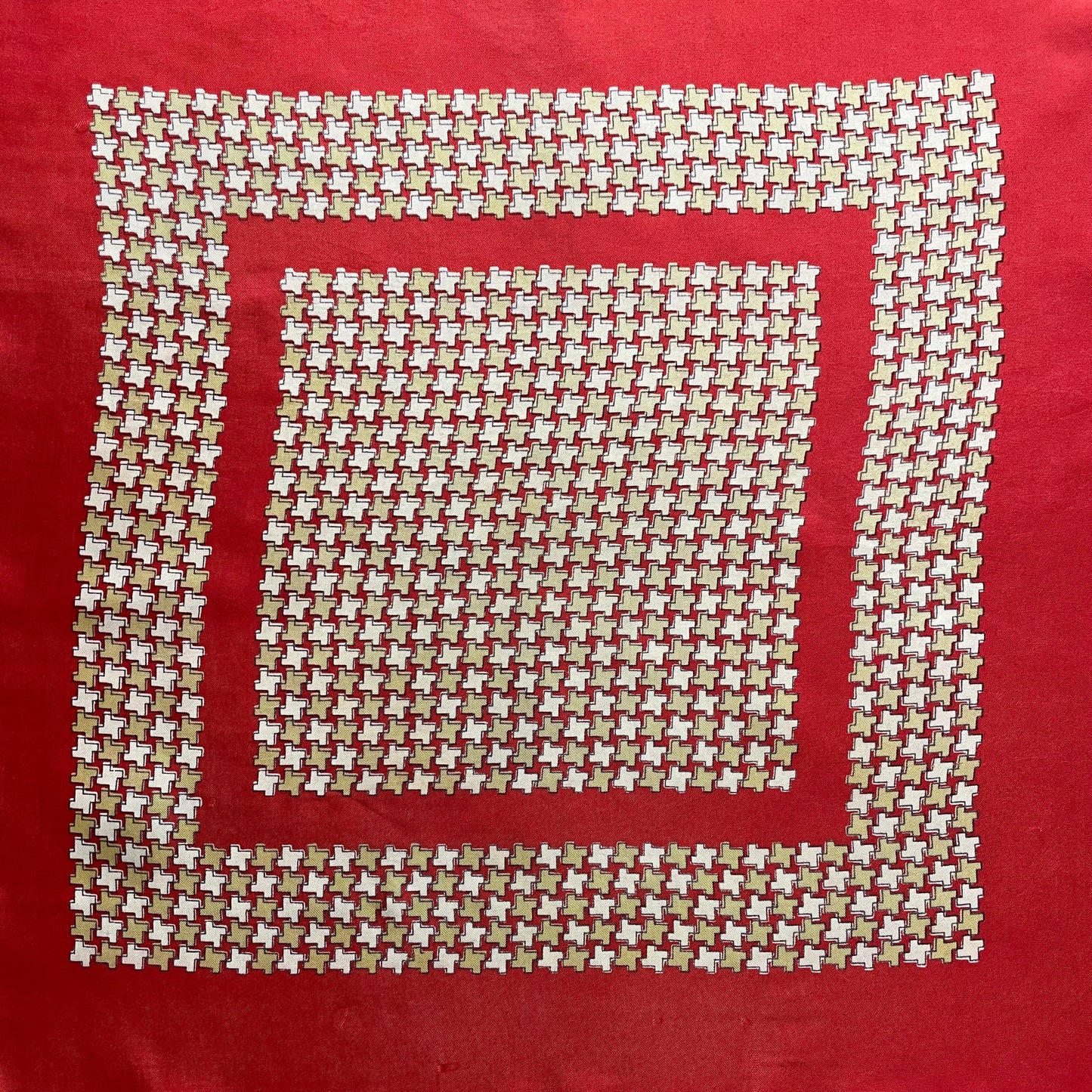 Vintage Red Square Cream Geometric Silk Scarf With Small Mark