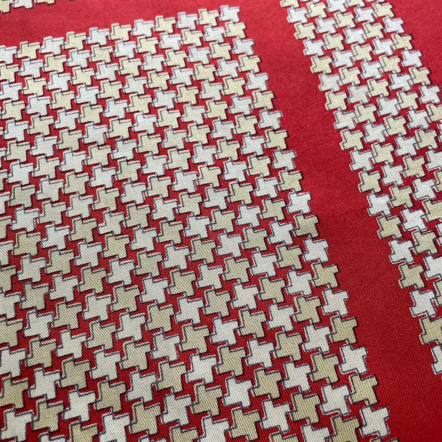 Vintage Red Square Cream Geometric Silk Scarf With Small Mark