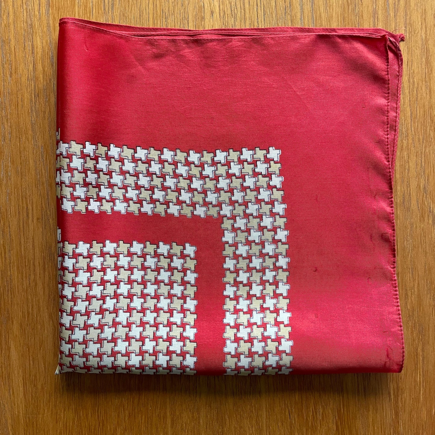 Vintage Red Square Cream Geometric Silk Scarf With Small Mark