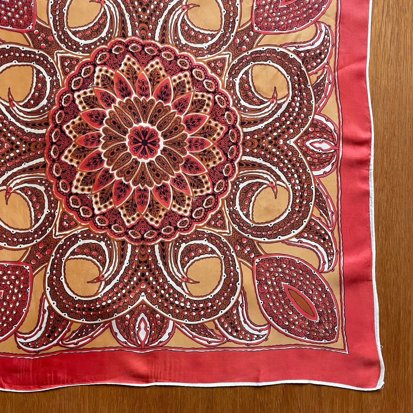 Vintage Scarf Orange Floral White and Brown Swirly Flower 70s
