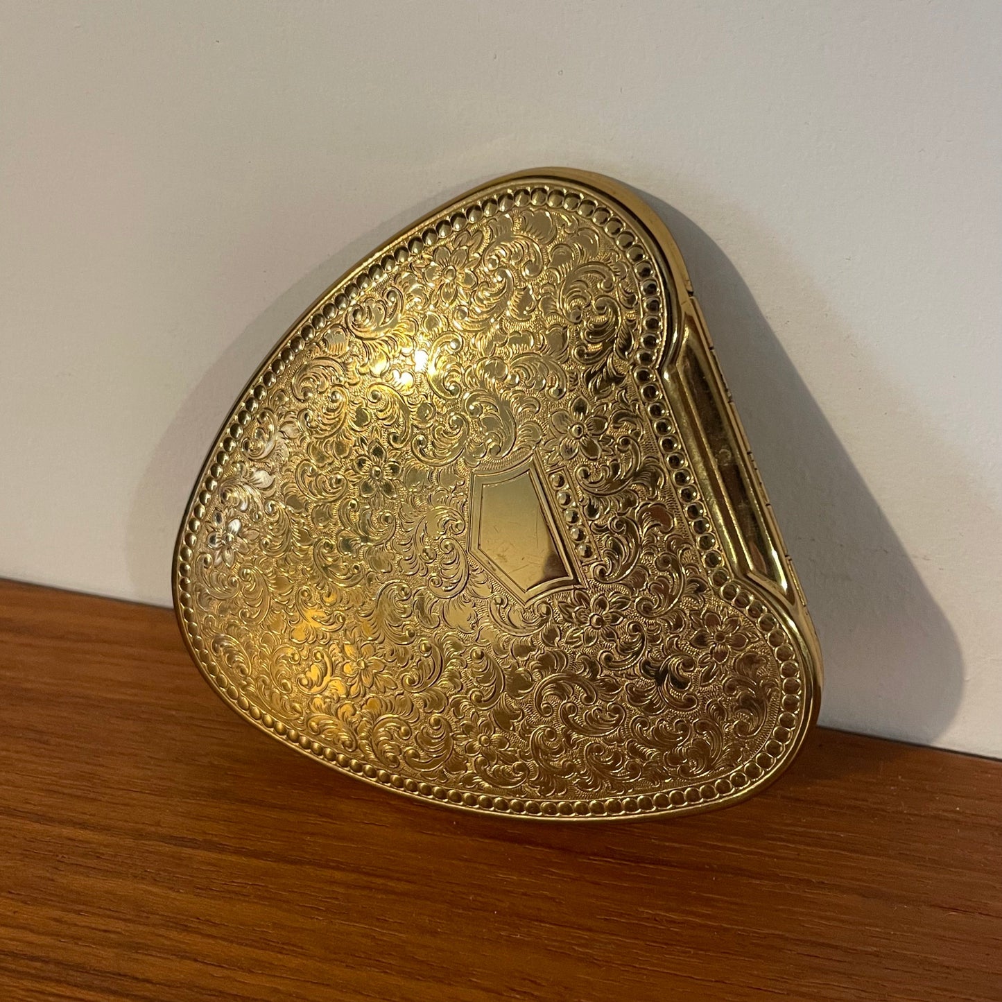 Compact Vintage Kigu Heart Shaped Gold Tone Patterned with Mirror Intact