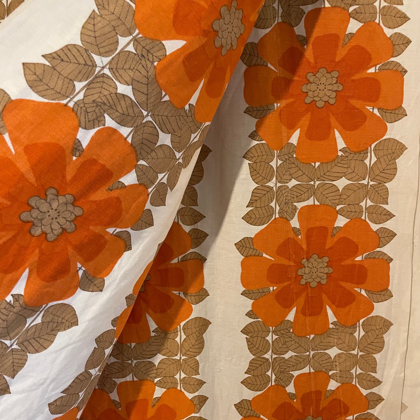 Fabric Vintage Orange White Brown 70s Flower Floral Patterned Pair of Curtains