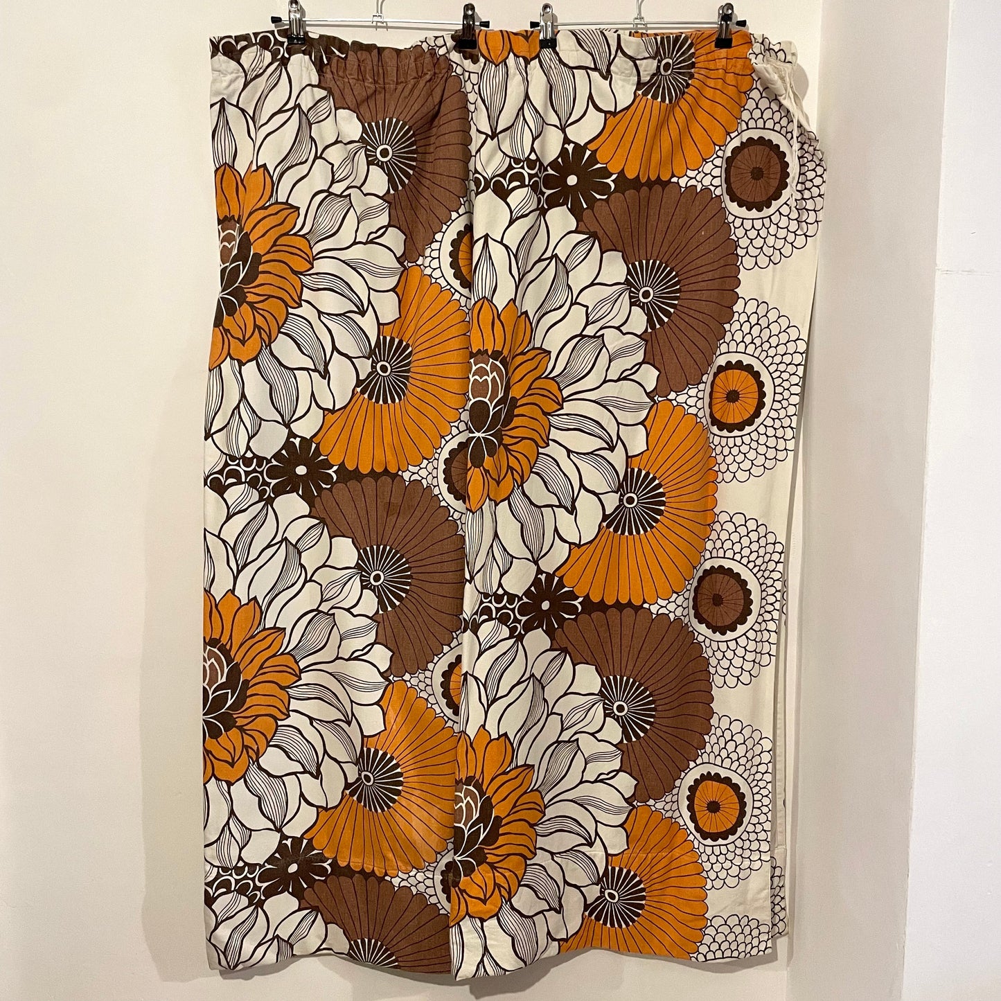 Fabric Vintage White Brown and Orange Floral Patterned Curtain Pair