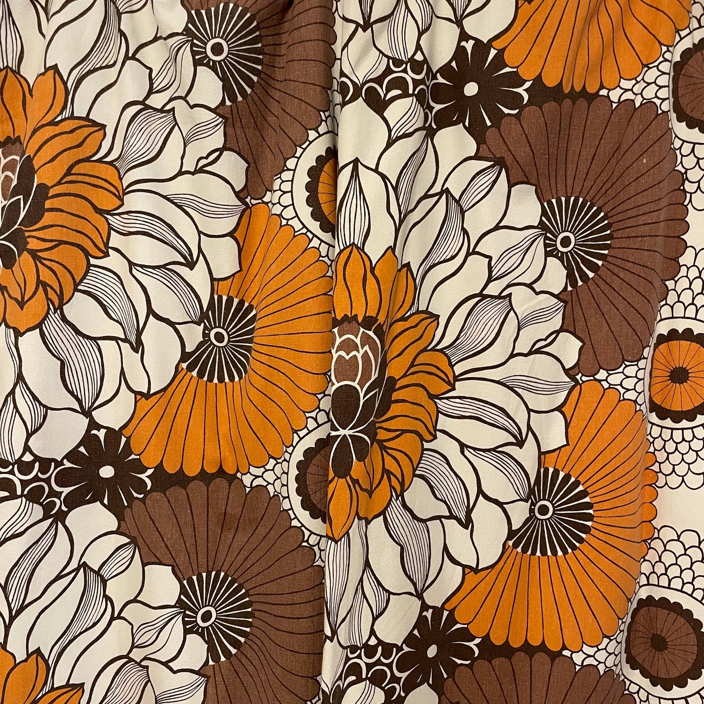 Fabric Vintage White Brown and Orange Floral Patterned Curtain Pair