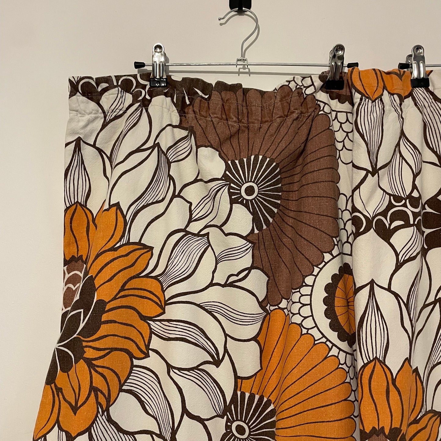 Fabric Vintage White Brown and Orange Floral Patterned Curtain Pair