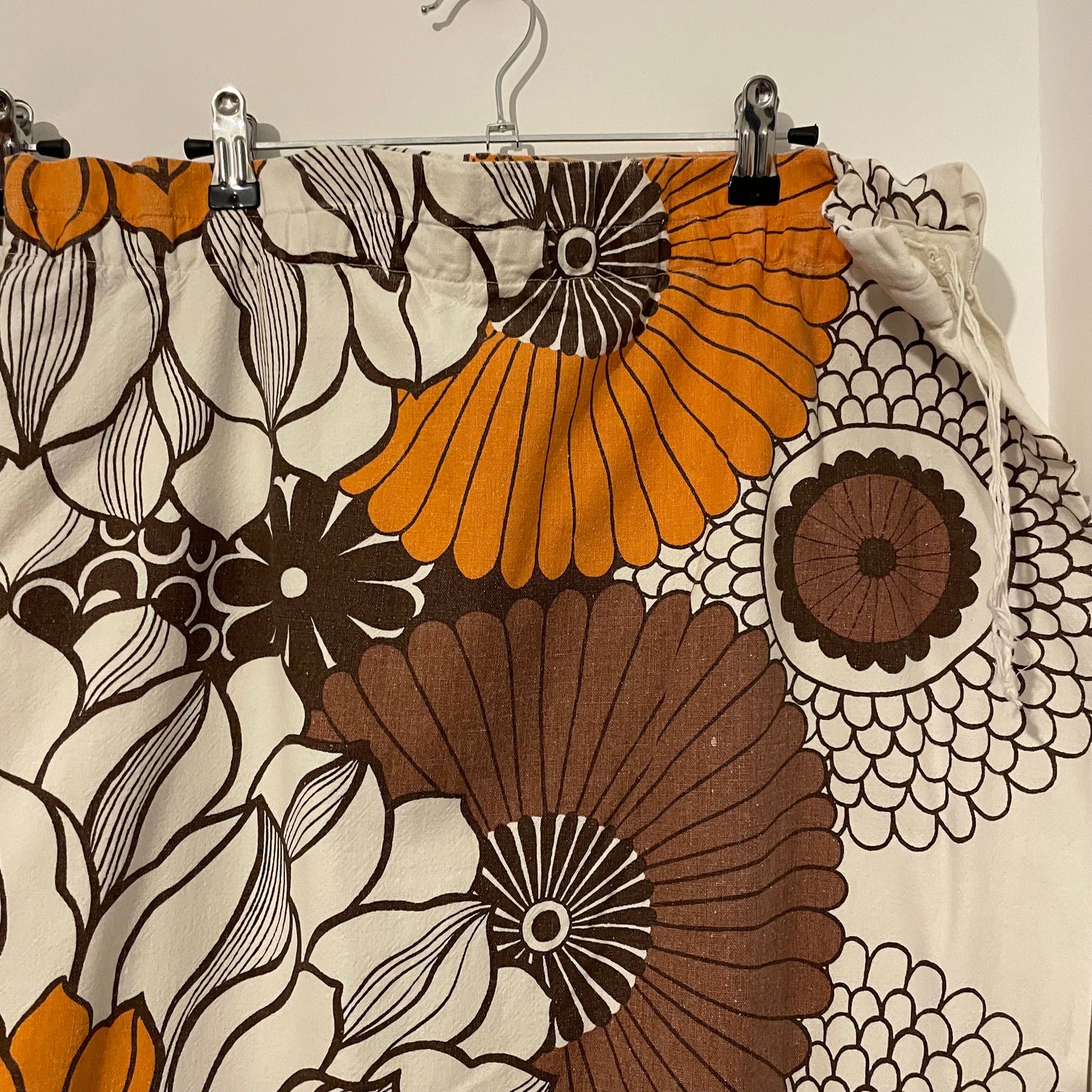 Fabric Vintage White Brown and Orange Floral Patterned Curtain Pair