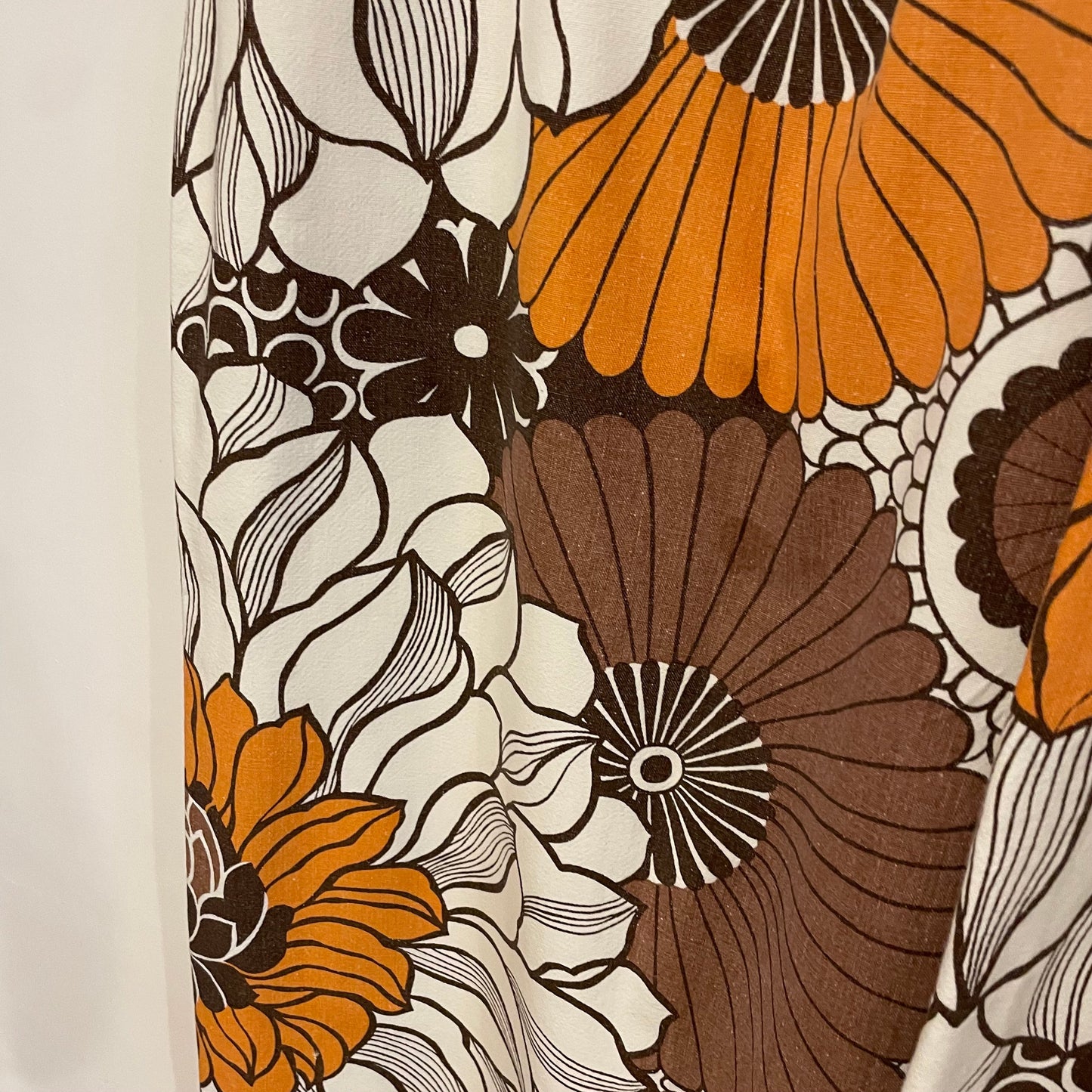 Fabric Vintage White Brown and Orange Floral Patterned Curtain Pair