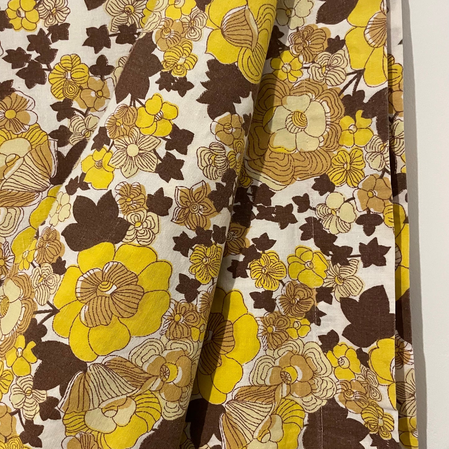 Vintage 70s Yellow Brown Patterned Floral Fabric for Crafts