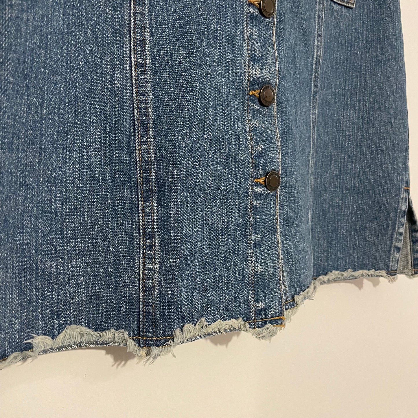 Denim Skirt Mid Length Faded Glory Ripped Hem A Line Size 8