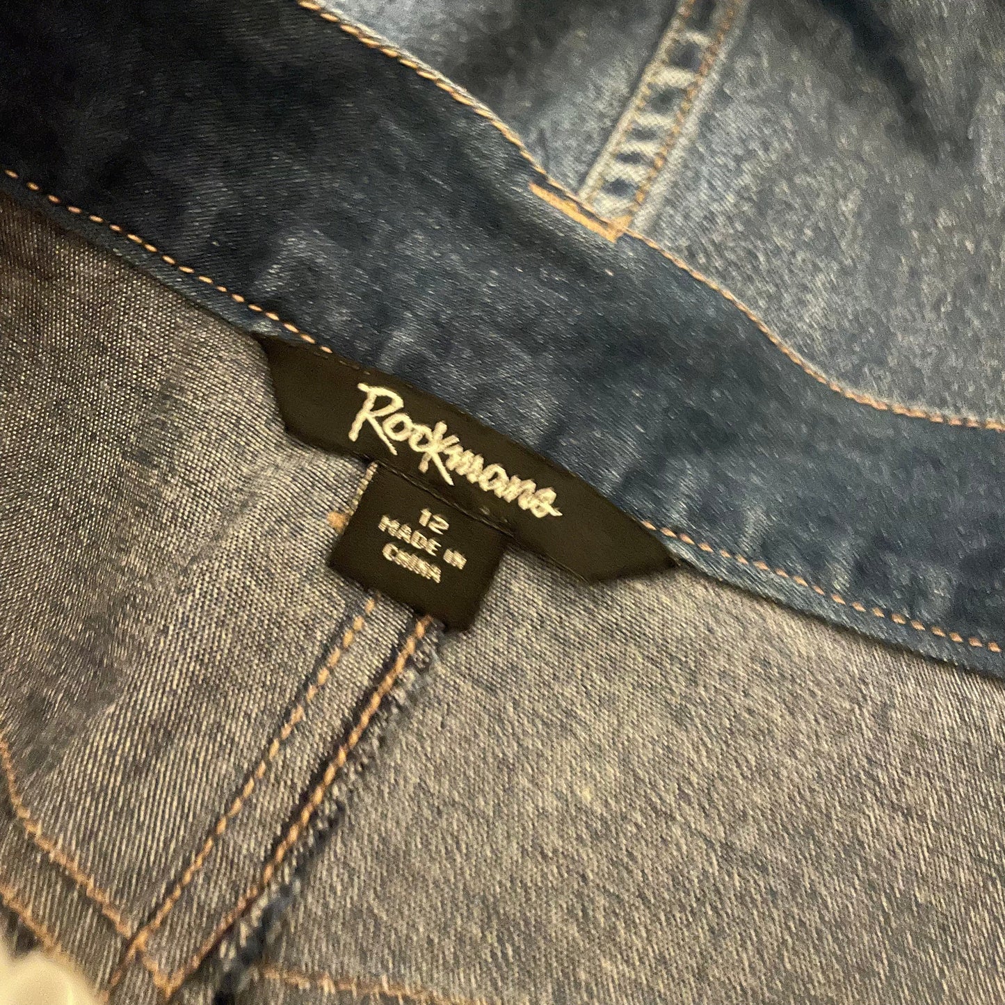 Denim Skirt Mid Length Rockmans Dark Blue Fitted Size 12
